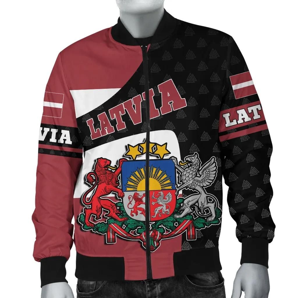 Latvia Bomber Jacket - Flag and Valknut Symbols A31 Bomber Jacket Latvia Bomber Jacket - Flag and Valknut Symbols A31 Bomber Jacket