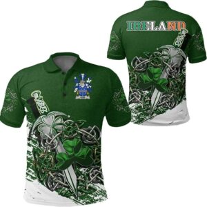 Leeson Ireland Polo Shirt - Celtic Shamrock & Sword - Irish Family Crest A7