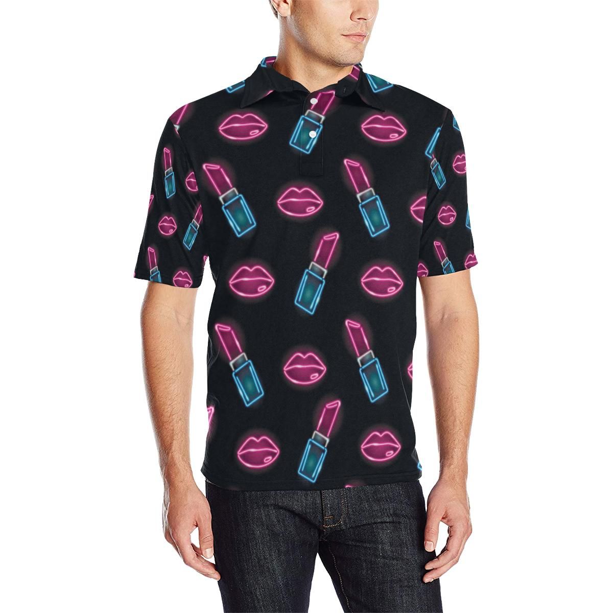 Lipstick Color Neon Pattern Print Design 03 Men Polo Shirt Lipstick Color Neon Pattern Print Design 03 Men Polo Shirt