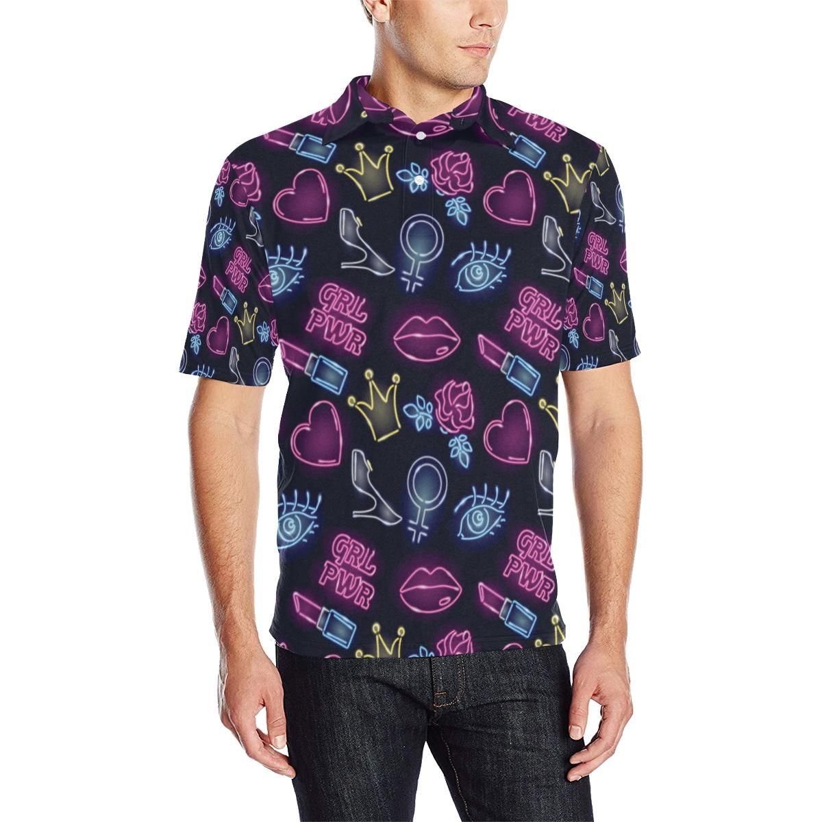 Lipstick Neon Pattern Print Design 02 Men Polo Shirt Lipstick Neon Pattern Print Design 02 Men Polo Shirt