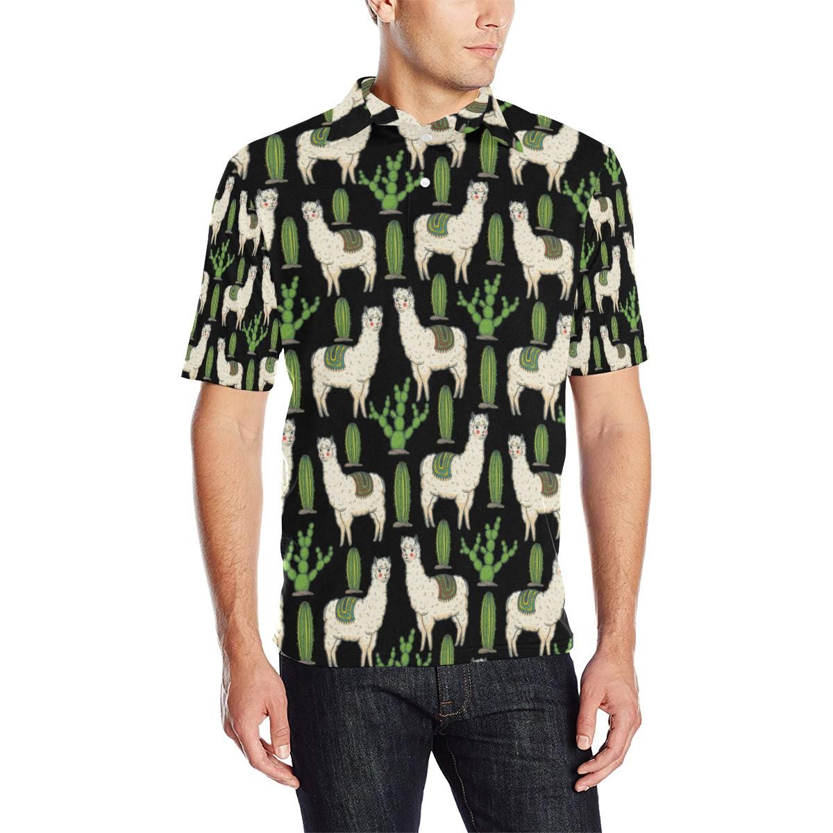 Llama Cactus Pattern Print Design 011 Men Polo Shirt Llama Cactus Pattern Print Design 011 Men Polo Shirt