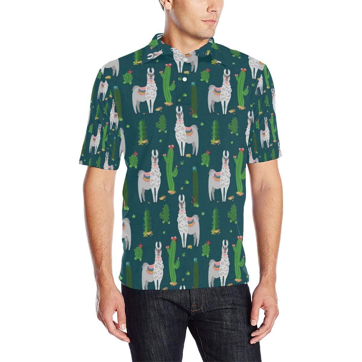 Llama Cactus Pattern Print Design 013 Men Polo Shirt Llama Cactus Pattern Print Design 013 Men Polo Shirt