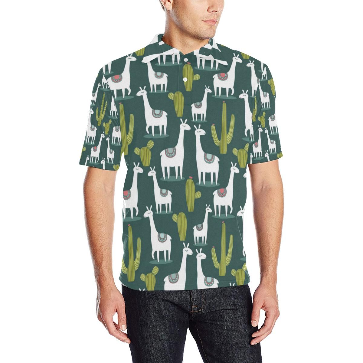 Llama Cactus Pattern Print Design 02 Men Polo Shirt Llama Cactus Pattern Print Design 02 Men Polo Shirt