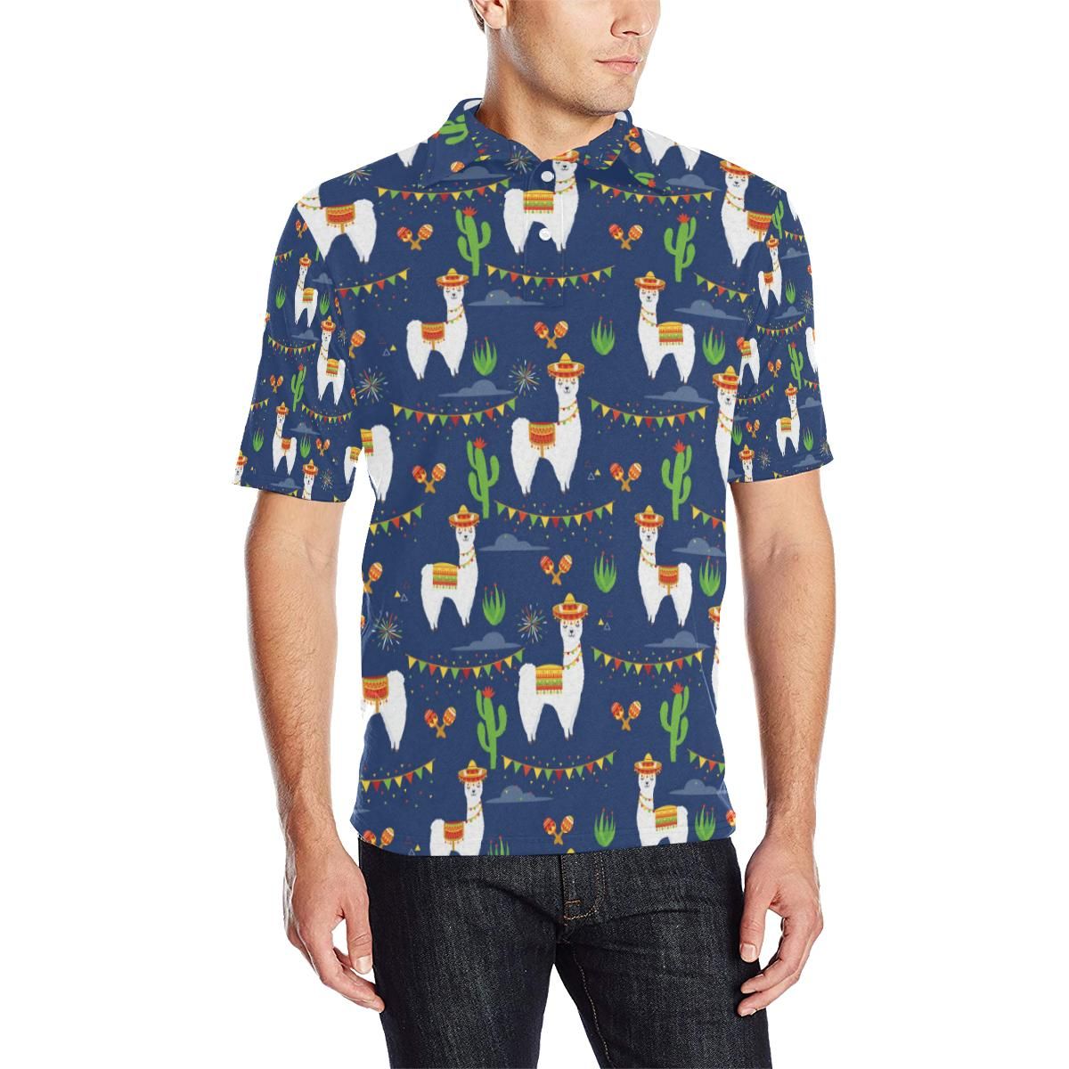 Llama Cactus Pattern Print Design 05 Men Polo Shirt Llama Cactus Pattern Print Design 05 Men Polo Shirt