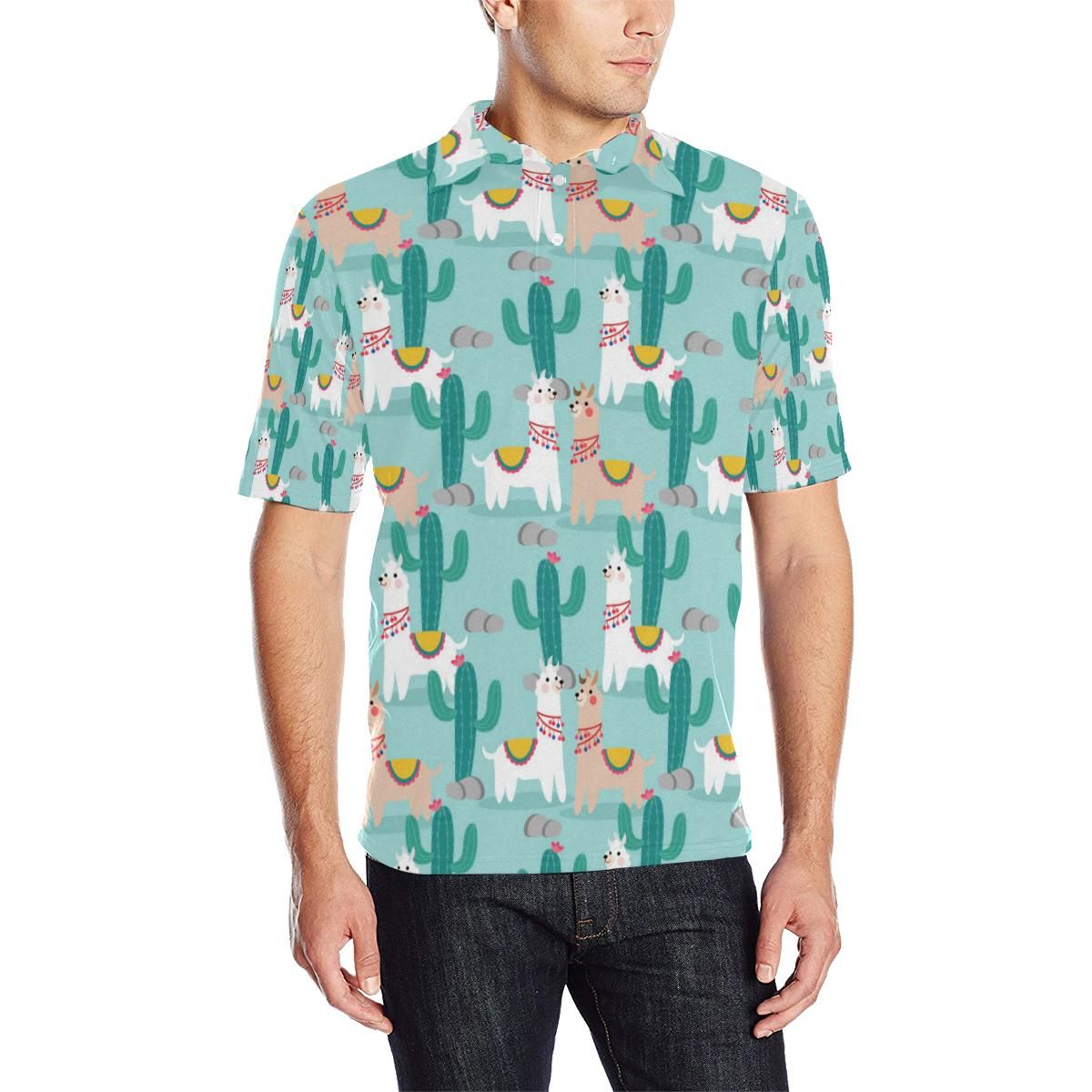 Llama Cactus Pattern Print Design 08 Men Polo Shirt Llama Cactus Pattern Print Design 08 Men Polo Shirt