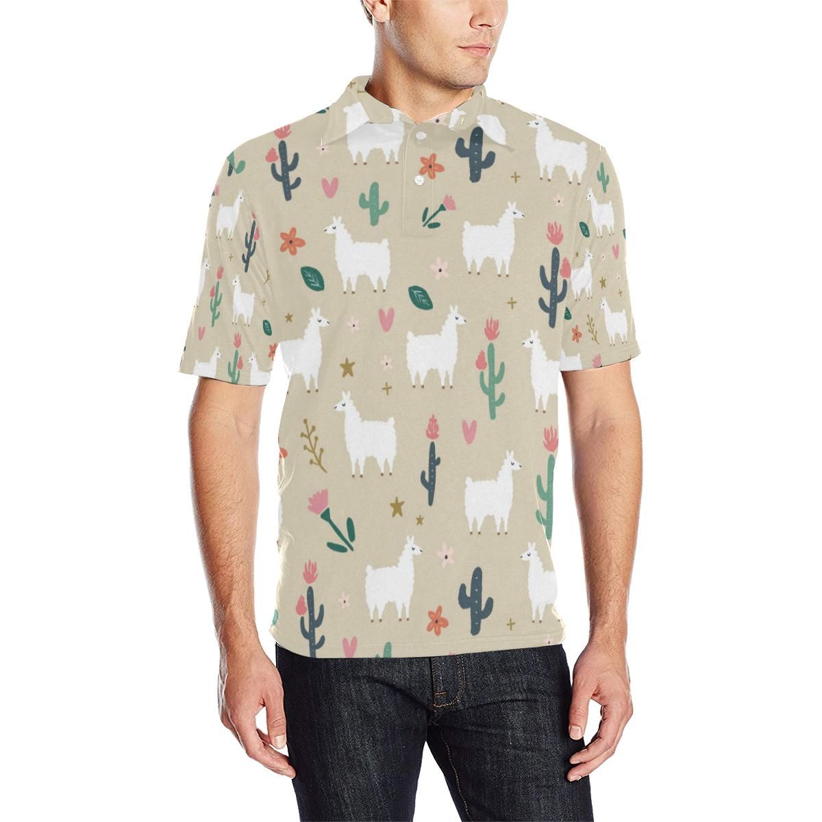 Llama Cactus Pattern Print Design 09 Men Polo Shirt Llama Cactus Pattern Print Design 09 Men Polo Shirt