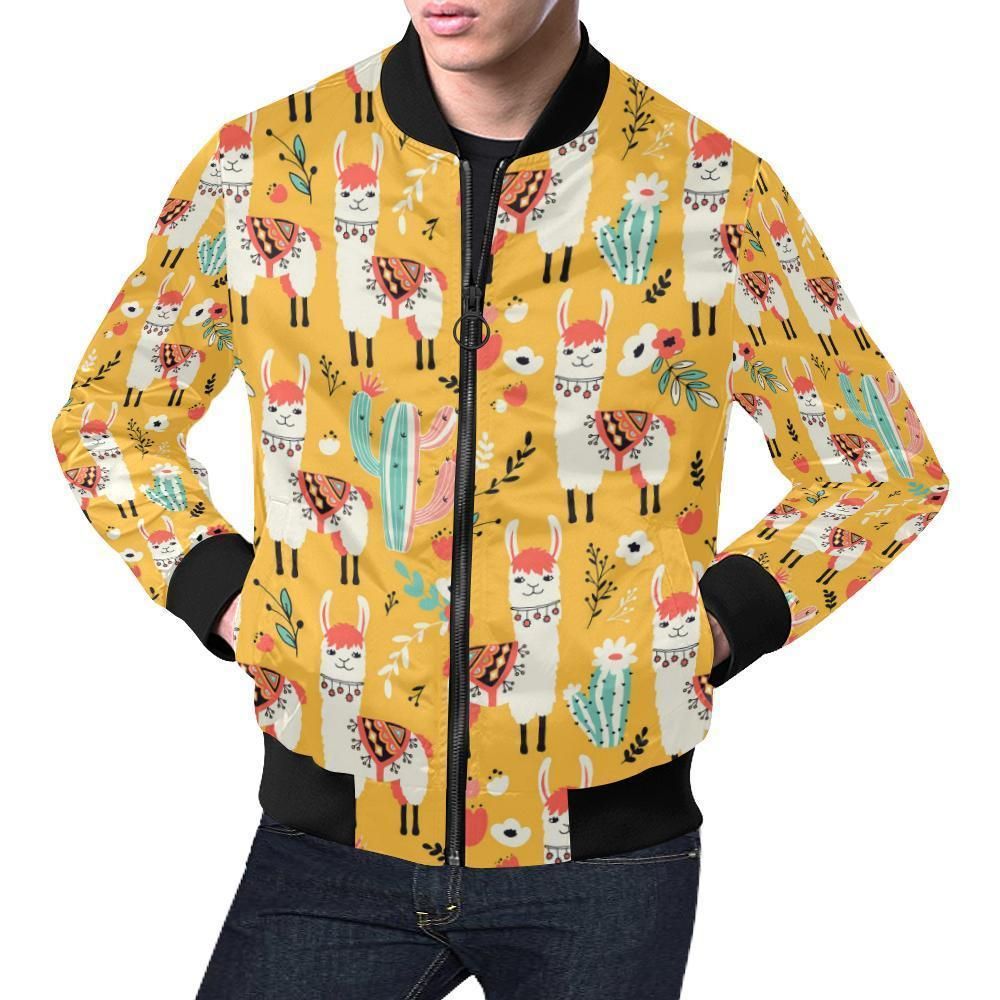 Llama Cactus Pattern Print Mens Bomber Jacket Llama Cactus Pattern Print Mens Bomber Jacket
