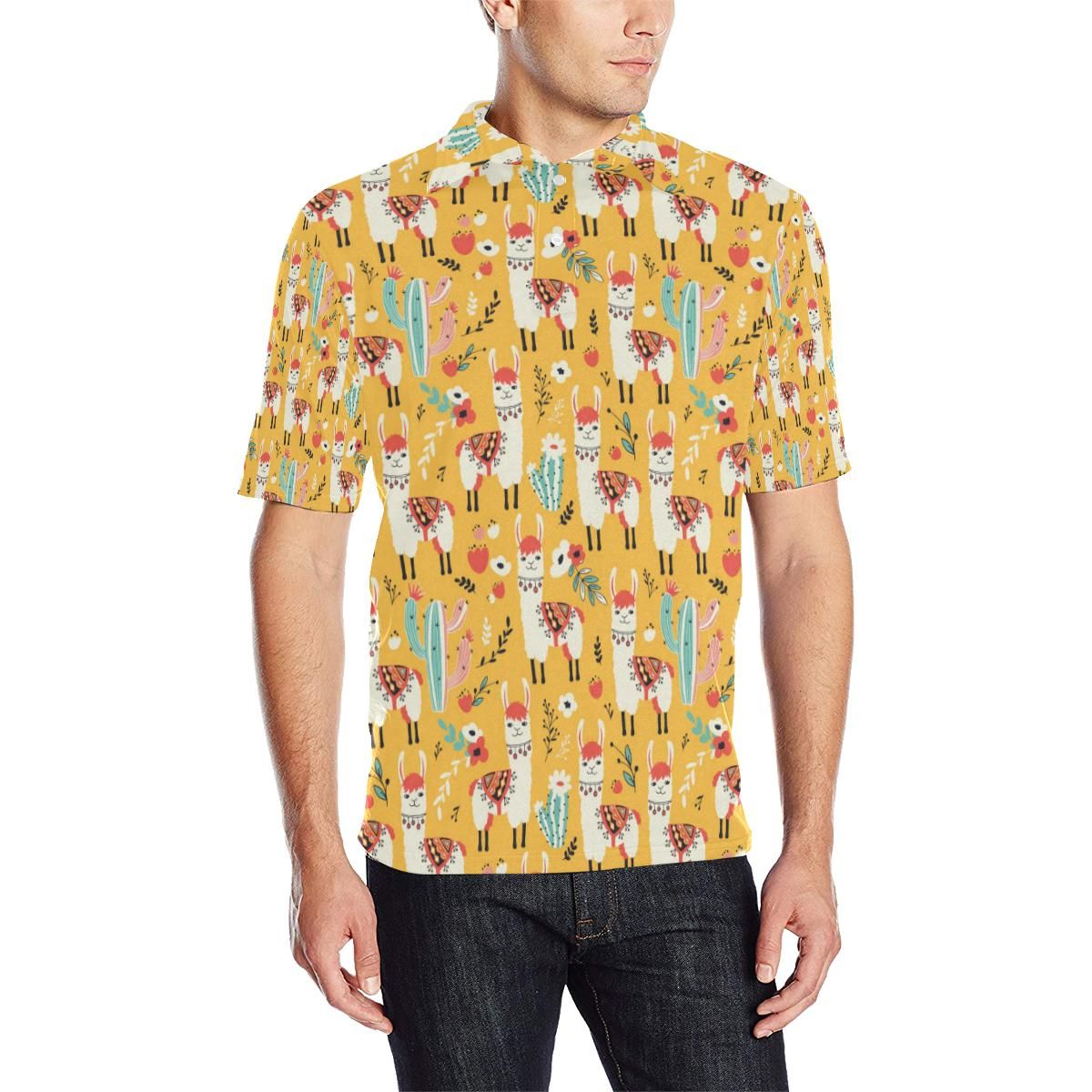 Llama Cute Themed Print Men Polo Shirt Llama Cute Themed Print Men Polo Shirt