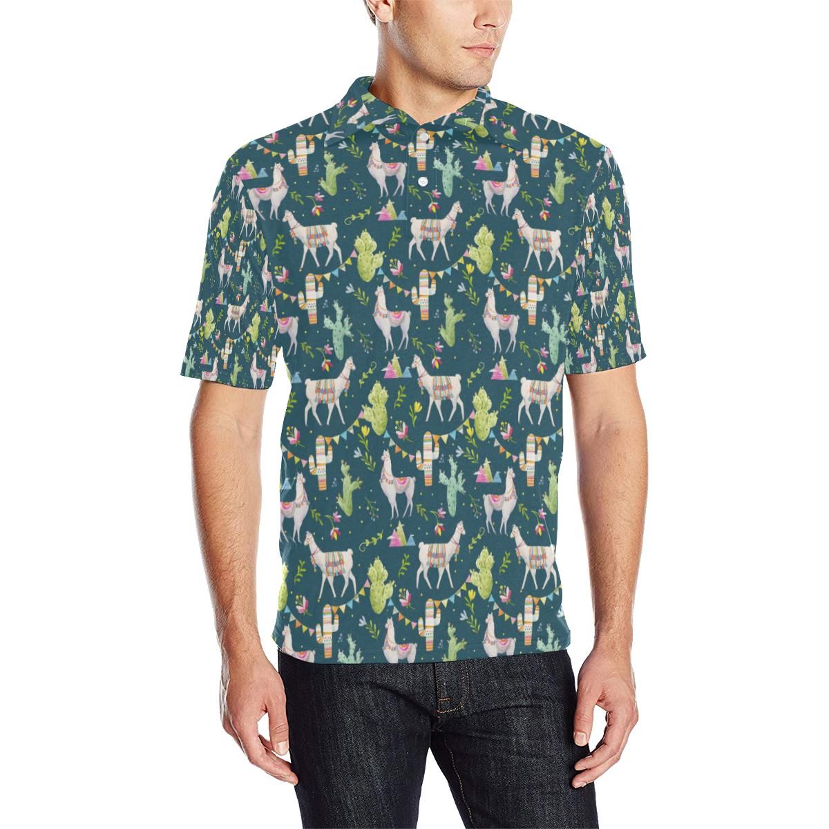 Llama With Cactus Design Print Men Polo Shirt Llama With Cactus Design Print Men Polo Shirt