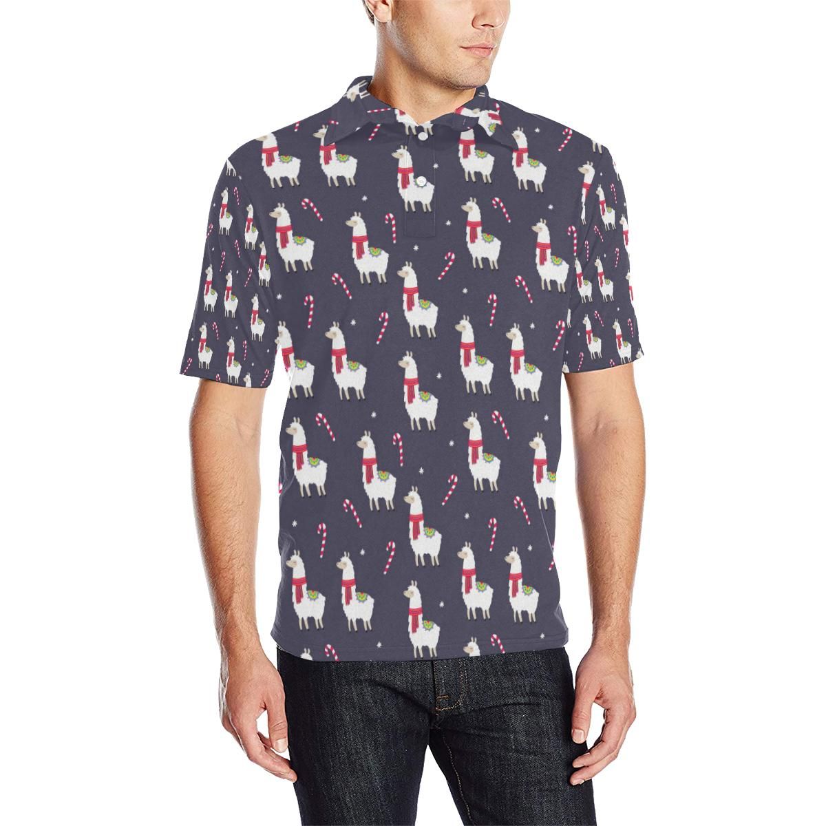 Llama With Candy Cane Themed Print Men Polo Shirt Llama With Candy Cane Themed Print Men Polo Shirt