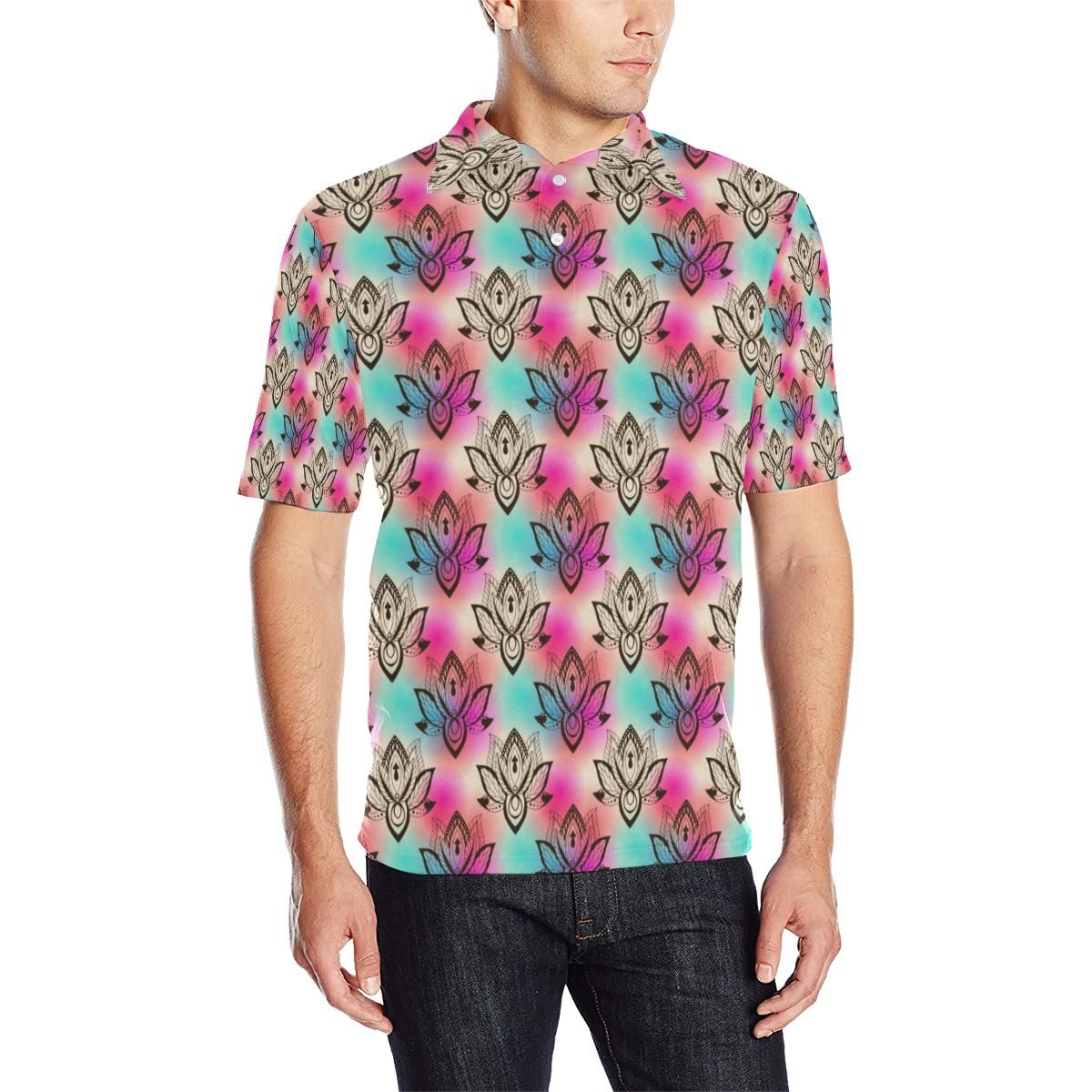 Lotus Boho Pattern Print Design Lo02 Men Polo Shirt Lotus Boho Pattern Print Design Lo02 Men Polo Shirt