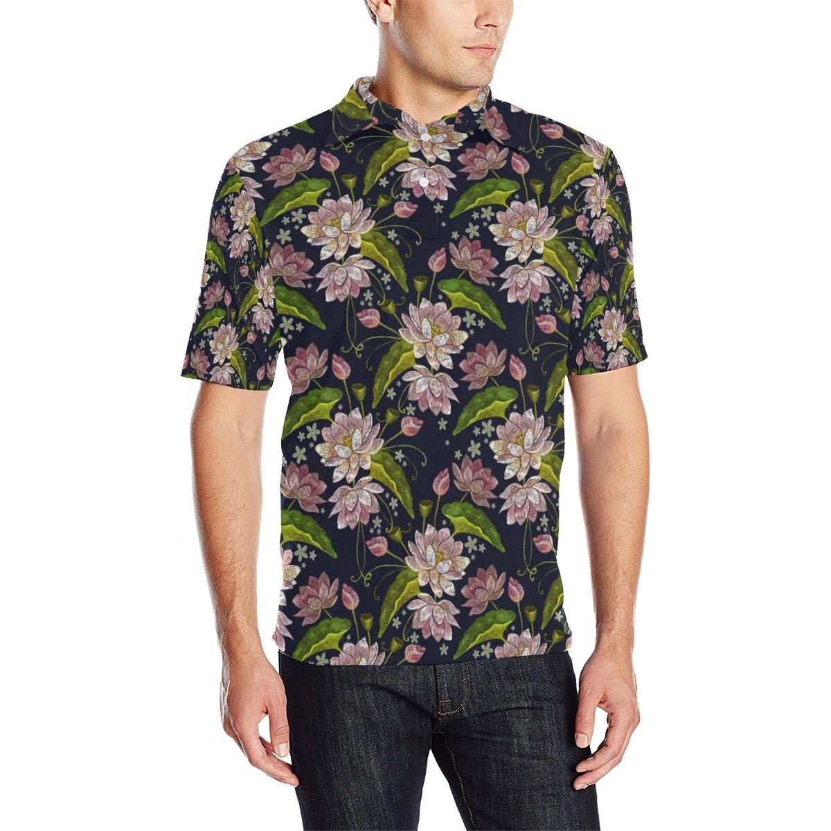 Lotus Embroidered Pattern Print Design Lo06 Men Polo Shirt Lotus Embroidered Pattern Print Design Lo06 Men Polo Shirt