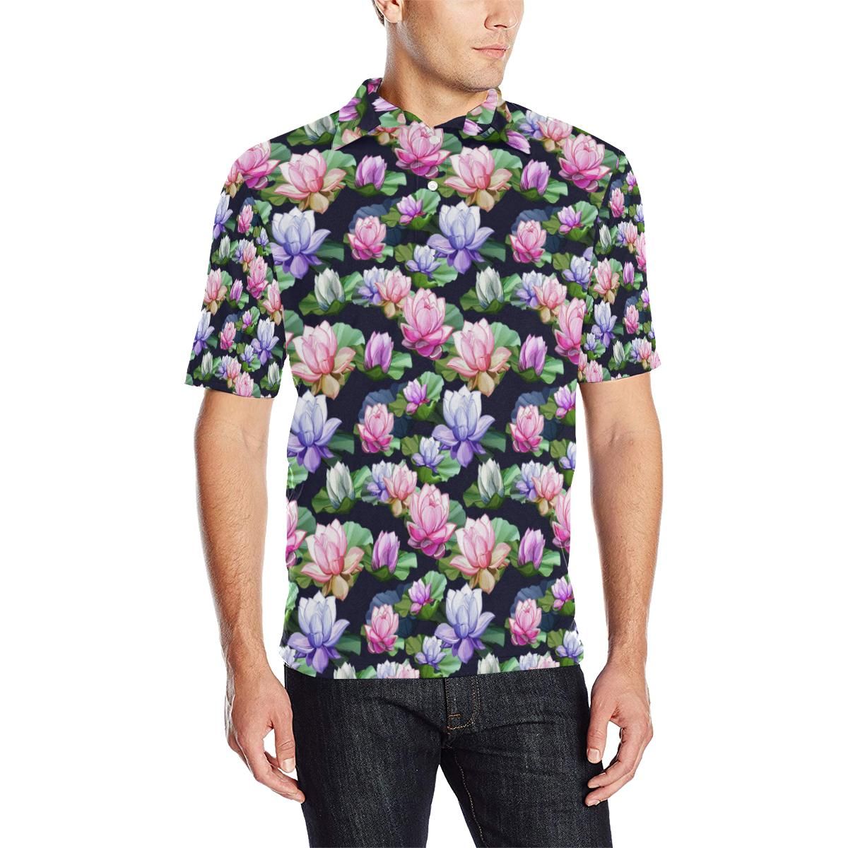 Lotus Flower Print Design Men Polo Shirt Lotus Flower Print Design Men Polo Shirt