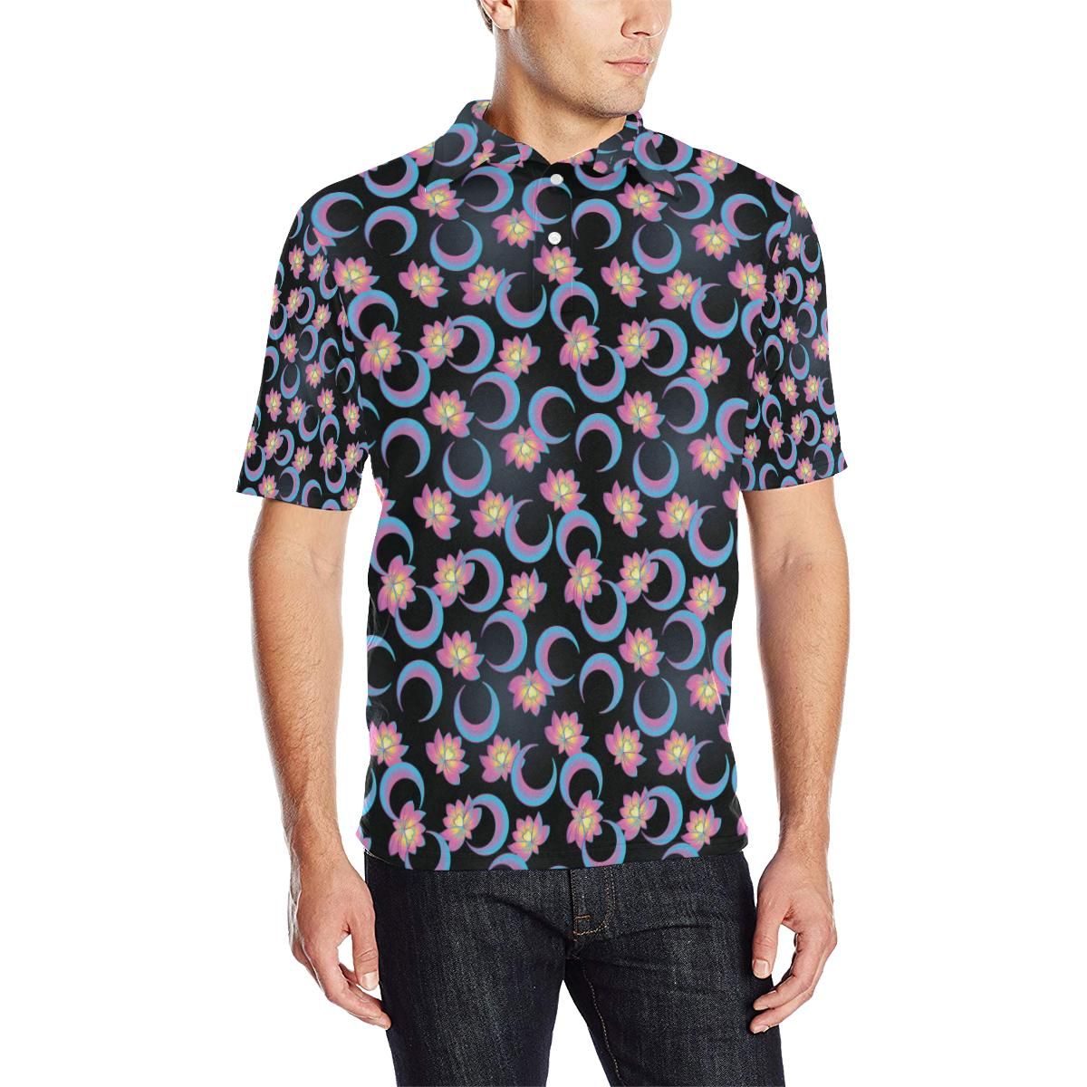 Lotus With Moon Pink Print Themed Men Polo Shirt Lotus With Moon Pink Print Themed Men Polo Shirt