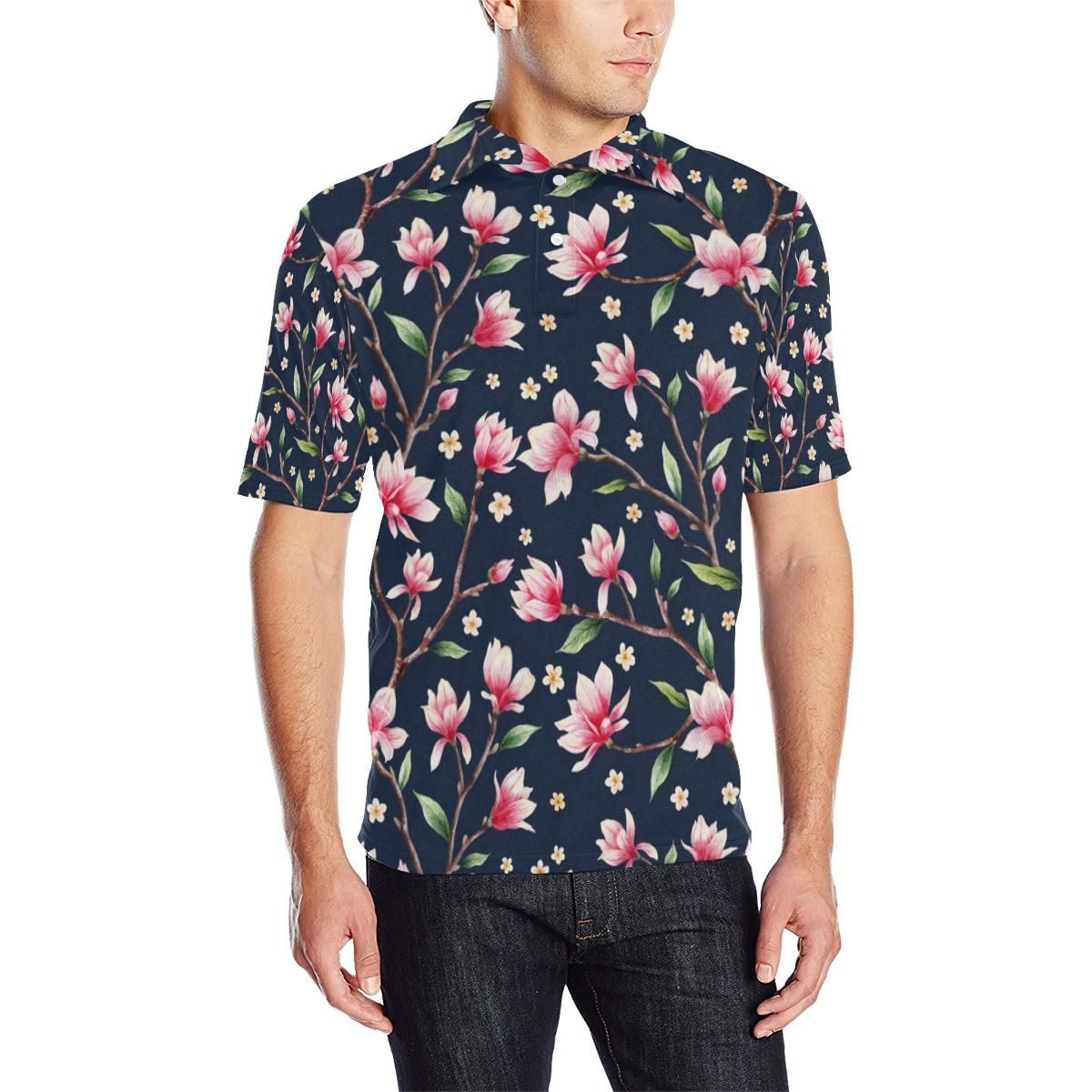 Magnolia Pattern Print Design Mag09 Men Polo Shirt Magnolia Pattern Print Design Mag09 Men Polo Shirt