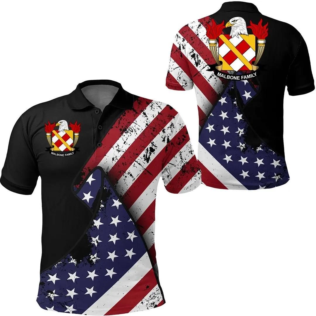 Malbone USA Polo Shirt - Special Grunge Flag - American Family Crest A7 Malbone USA Polo Shirt - Special Grunge Flag - American Family Crest A7