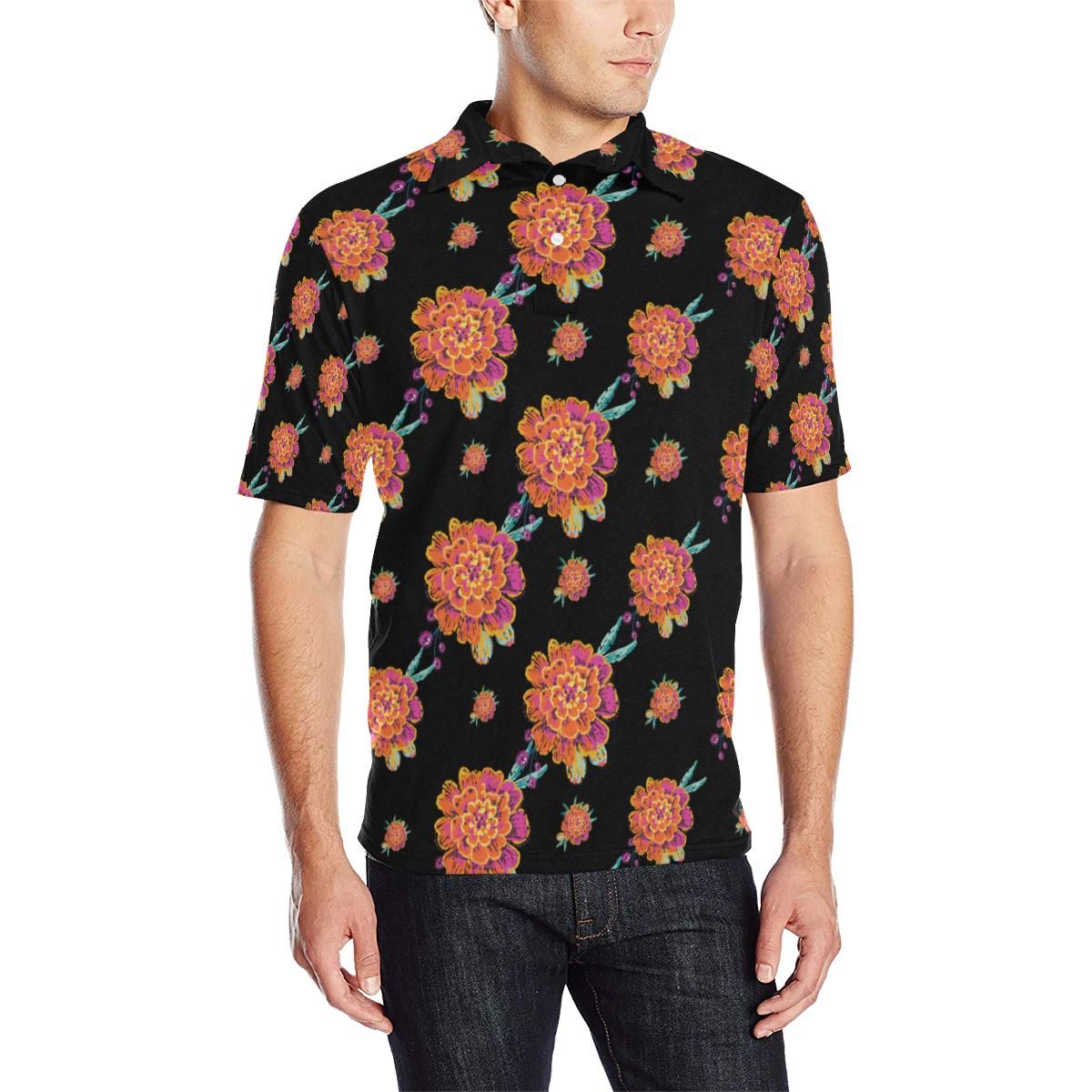 Marigold Pattern Print Design 01 Men Polo Shirt Marigold Pattern Print Design 01 Men Polo Shirt