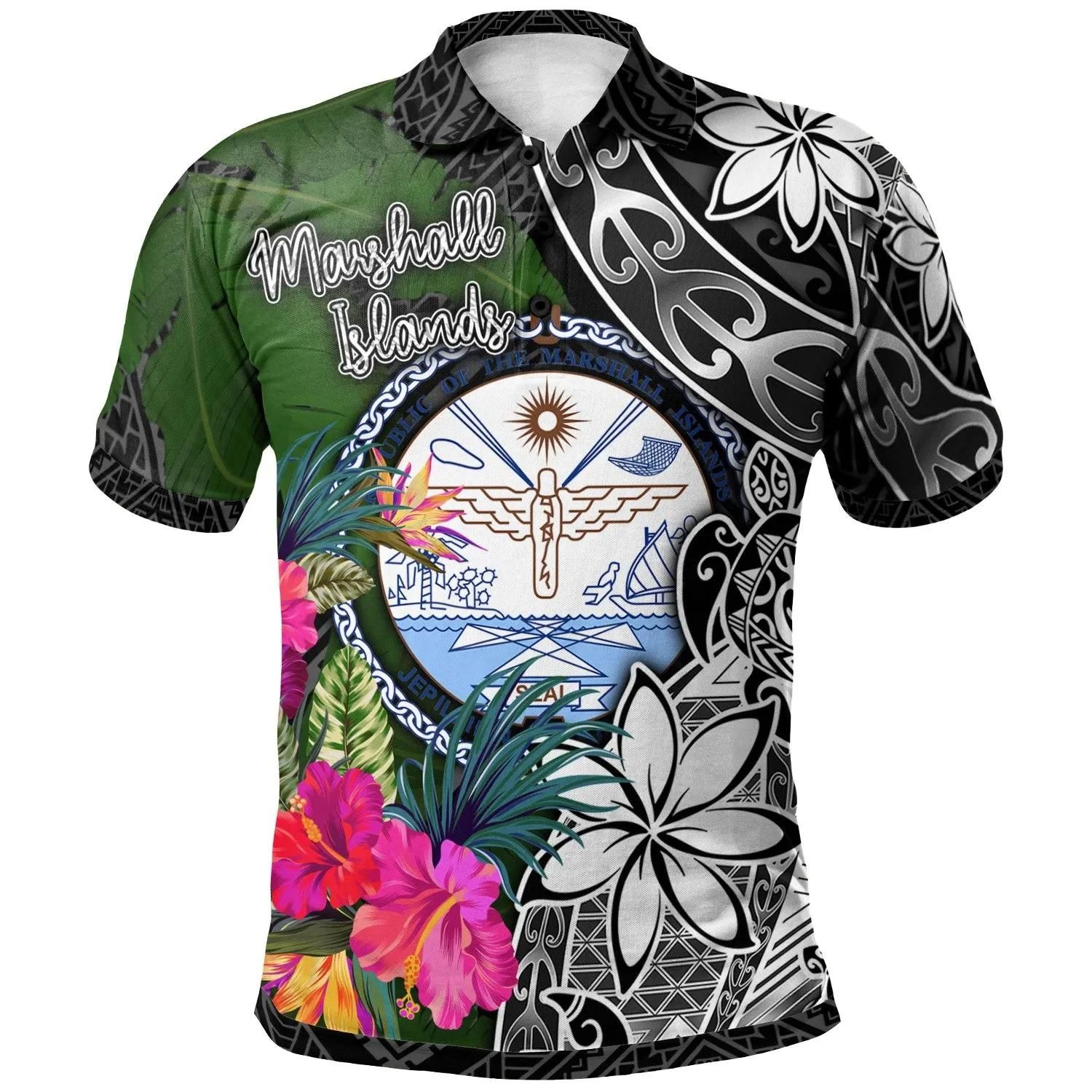 Marshall Islands Polo Shirt - Turtle Plumeria Banana Leaf Crest - BN11 Marshall Islands Polo Shirt - Turtle Plumeria Banana Leaf Crest - BN11