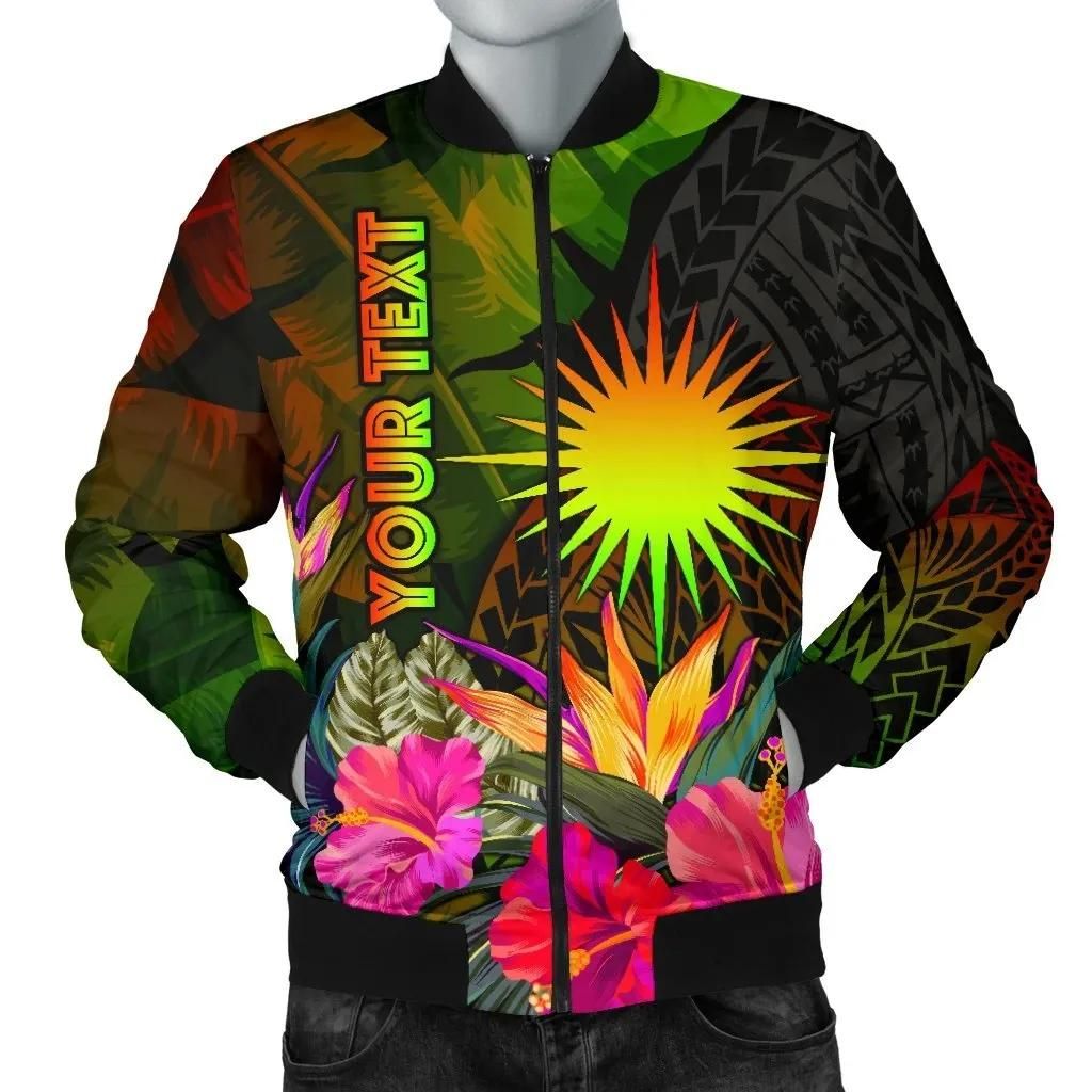 Marshall Islands Polynesian Personalised Men's Bomber Jacket - Hibiscus and Banana Leaves -BN15 Bomber Jacket Marshall Islands Polynesian Personalised Men's Bomber Jacket - Hibiscus and Banana Leaves -BN15 Bomber Jacket