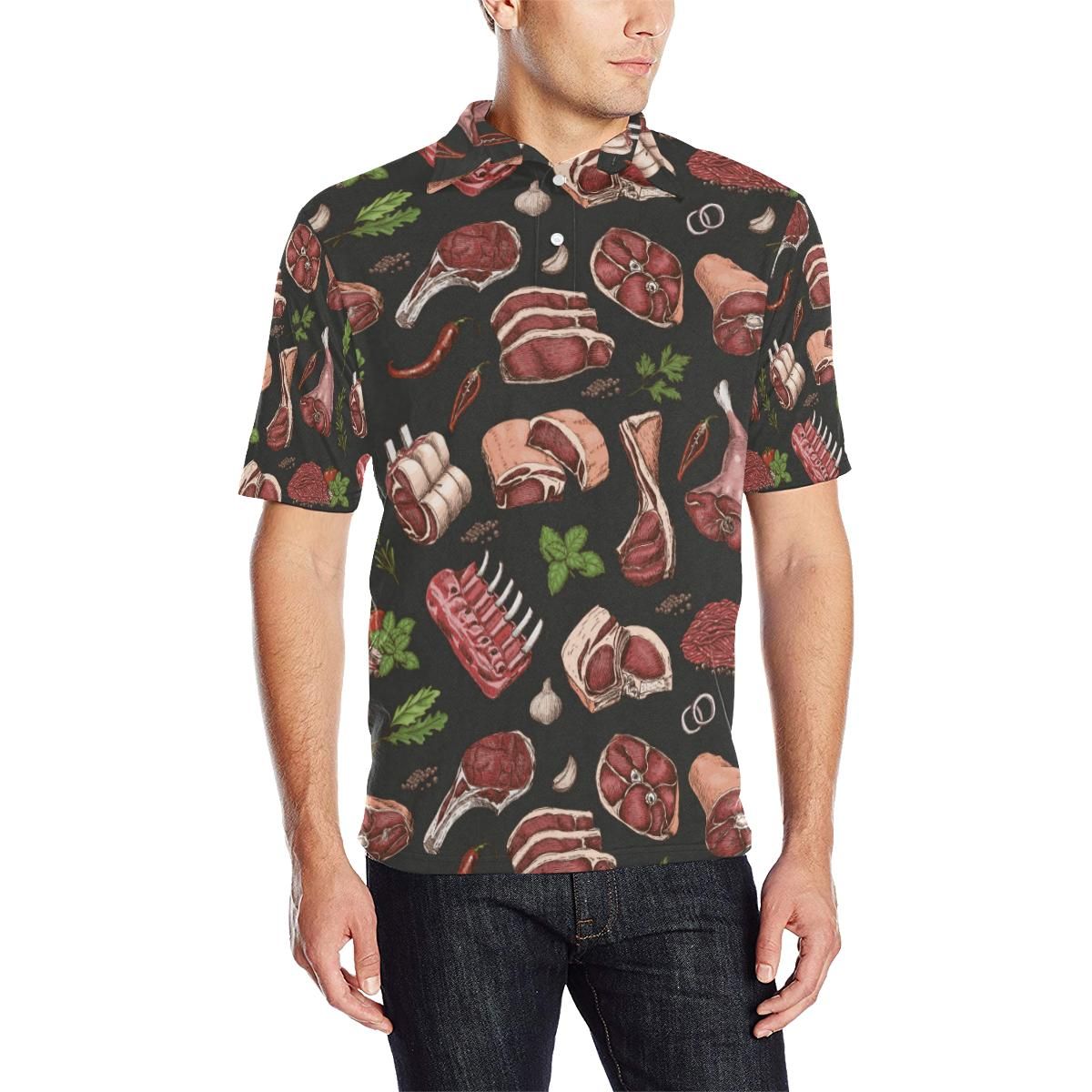 Meat Pattern Print Design 02 Men Polo Shirt Meat Pattern Print Design 02 Men Polo Shirt