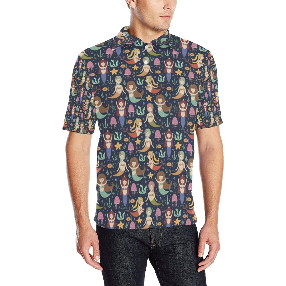Mermaid Cartoon Pattern Print Design 03 Men Polo Shirt Mermaid Cartoon Pattern Print Design 03 Men Polo Shirt