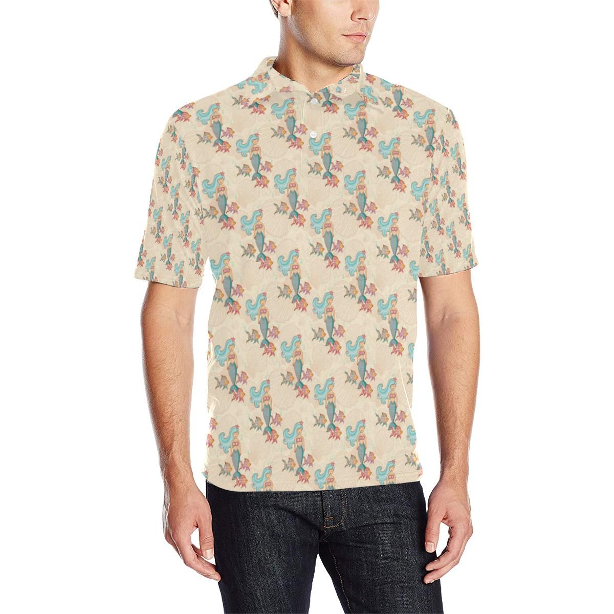 Mermaid Girl With Fish Design Print Men Polo Shirt Mermaid Girl With Fish Design Print Men Polo Shirt