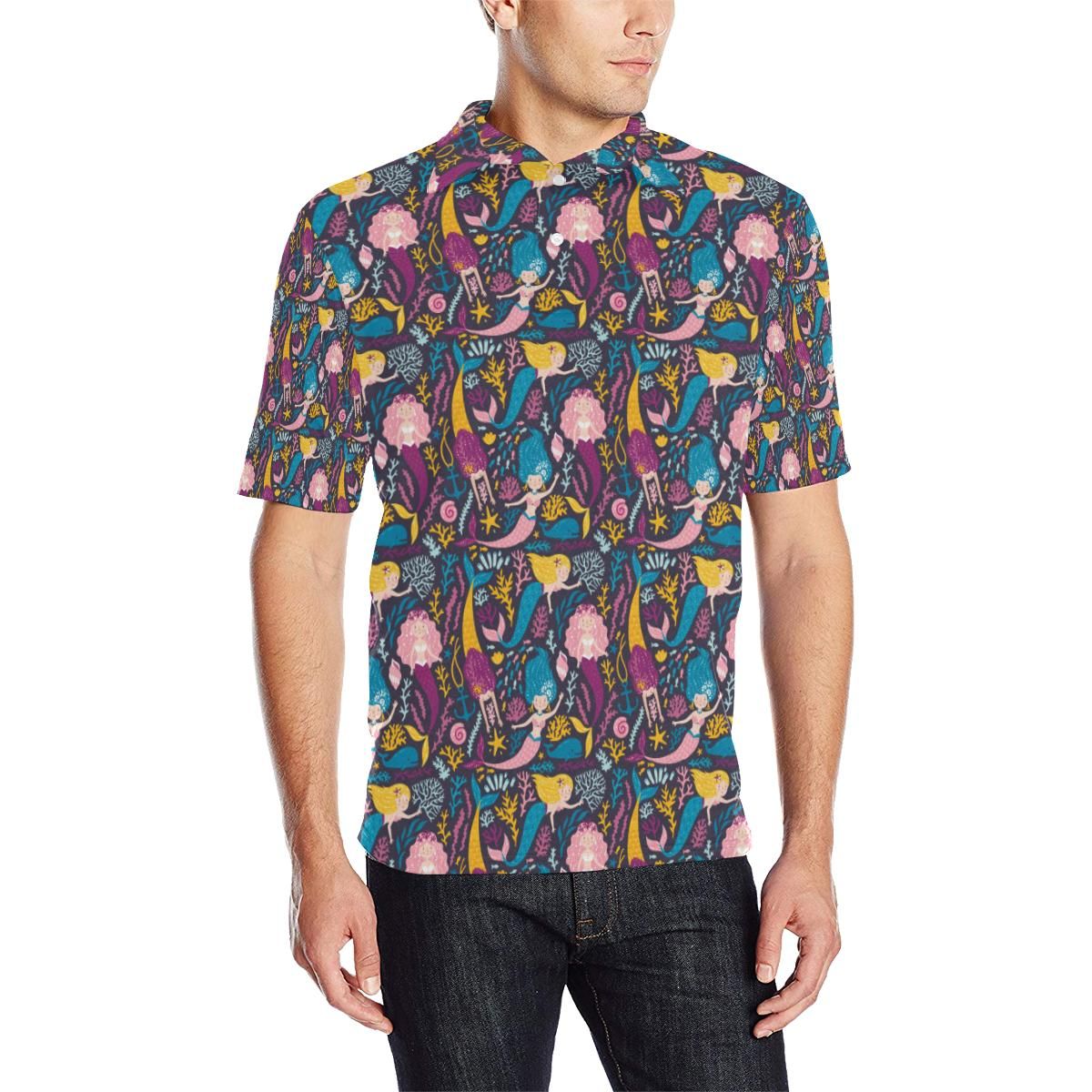 Mermaid Pattern Print Design 08 Men Polo Shirt Mermaid Pattern Print Design 08 Men Polo Shirt