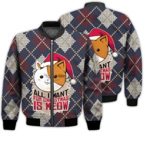 Merry Christmas All I Want For Christmas Is Meow Retro Christmas Holiday Gifts Unisex 3D Bomber Jacket
