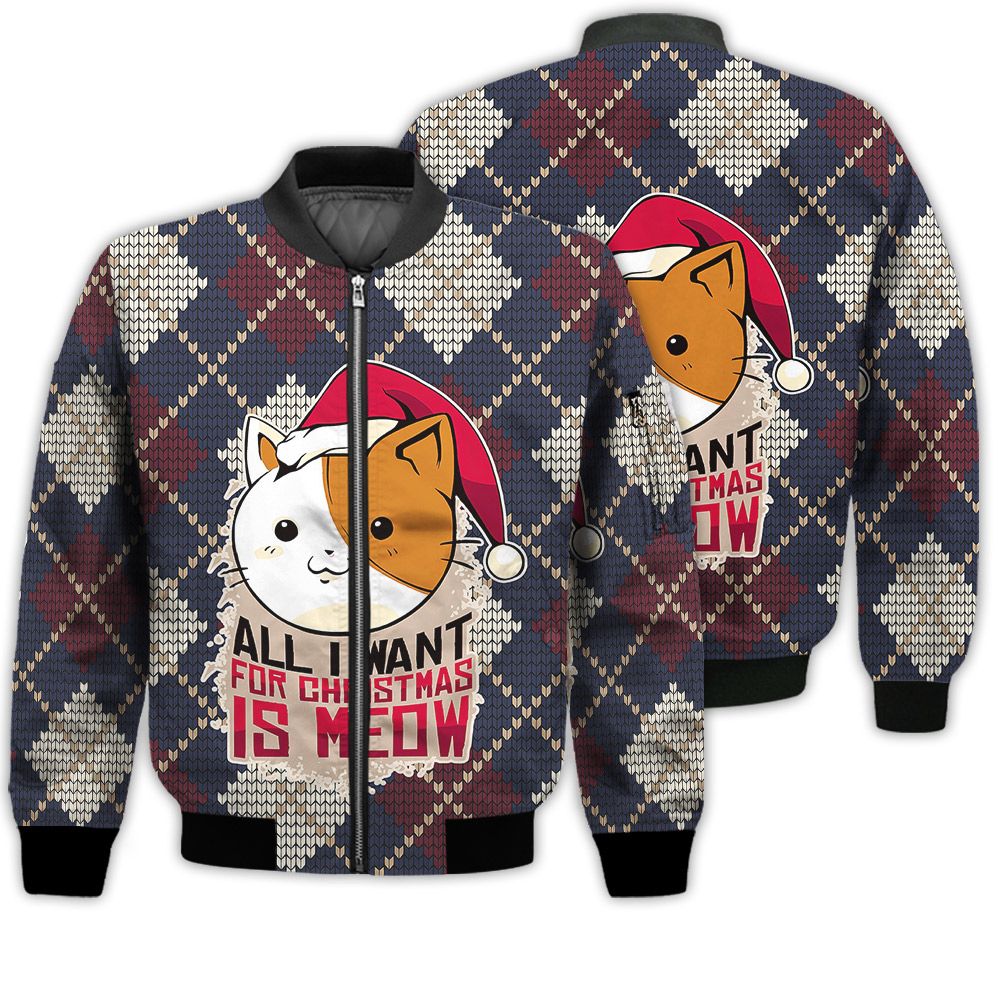Merry Christmas All I Want For Christmas Is Meow Retro Christmas Holiday Gifts Unisex 3D Bomber Jacket Merry Christmas All I Want For Christmas Is Meow Retro Christmas Holiday Gifts Unisex 3D Bomber Jacket