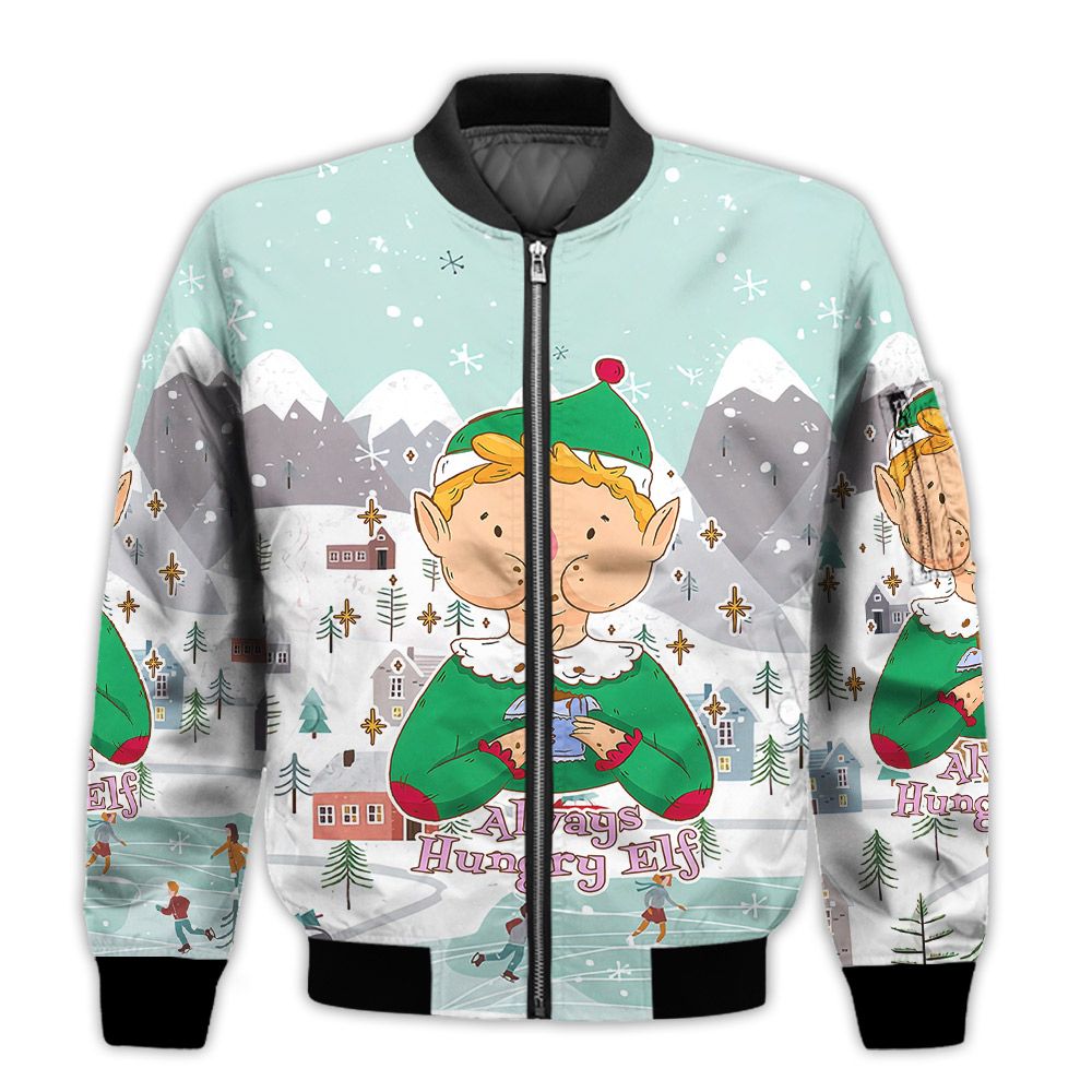 Merry-Christmas-Always-Hungry-Elf-Retro-Christmas-Holiday-Gifts-Unisex-3D-Bomber-Jacket-1