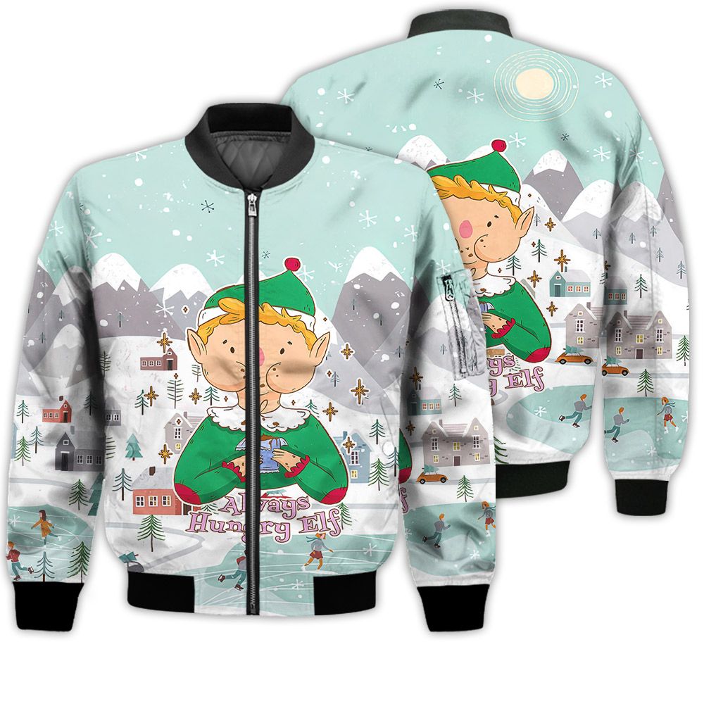 Merry Christmas Always Hungry Elf Retro Christmas Holiday Gifts Unisex 3D Bomber Jacket Merry Christmas Always Hungry Elf Retro Christmas Holiday Gifts Unisex 3D Bomber Jacket