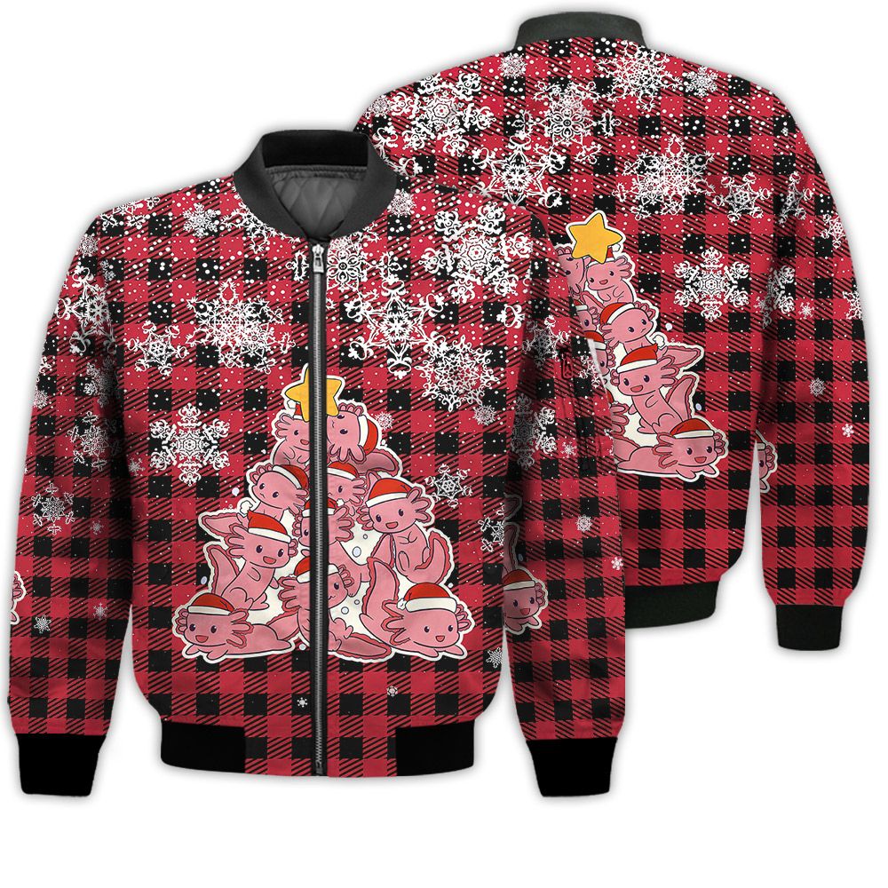 Merry Christmas Axolotl Christmas Tree Cute Retro Christmas Holiday Gifts Unisex 3D Bomber Jacket Merry Christmas Axolotl Christmas Tree Cute Retro Christmas Holiday Gifts Unisex 3D Bomber Jacket