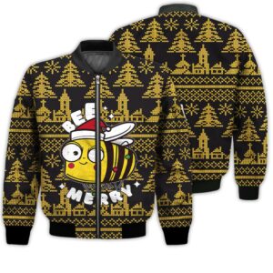 Merry Christmas Bee Merry Retro Christmas Holiday Gifts Unisex 3D Bomber Jacket
