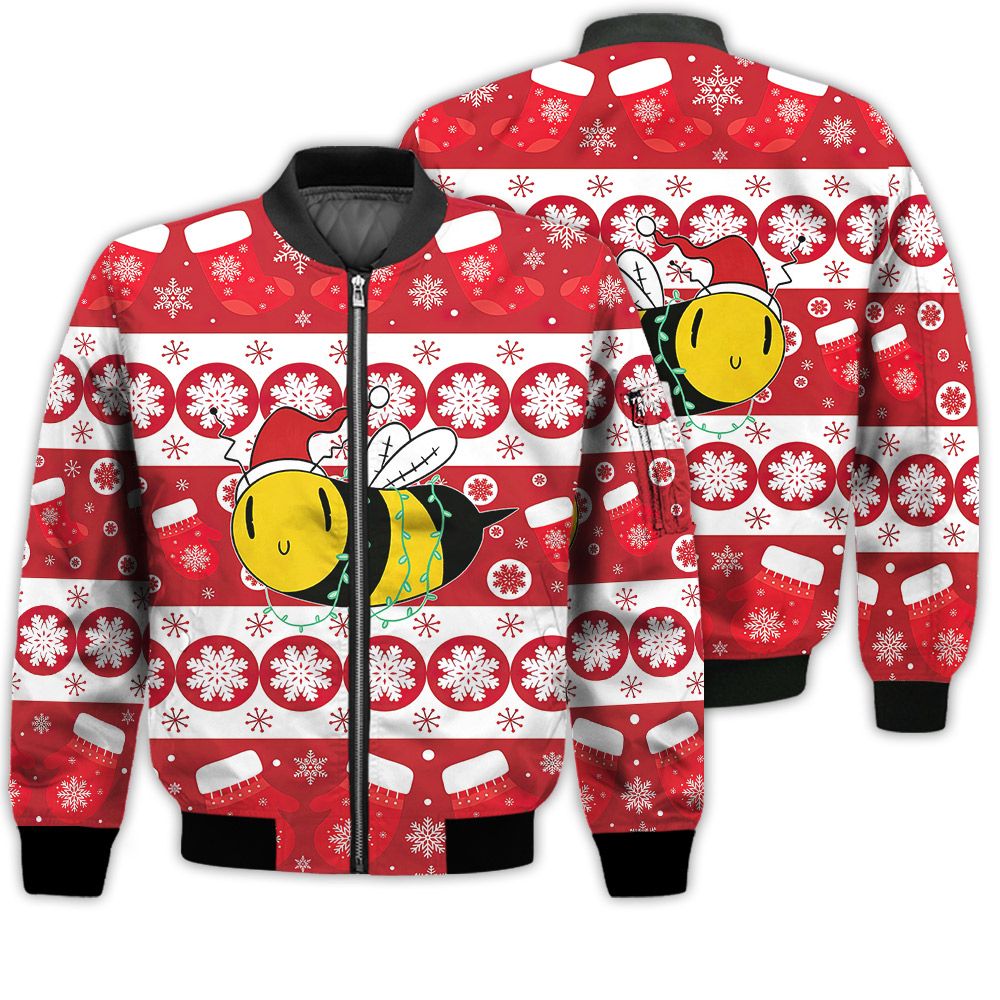 Merry Christmas Bee Retro Christmas Holiday Gifts Unisex 3D Bomber Jacket Merry Christmas Bee Retro Christmas Holiday Gifts Unisex 3D Bomber Jacket