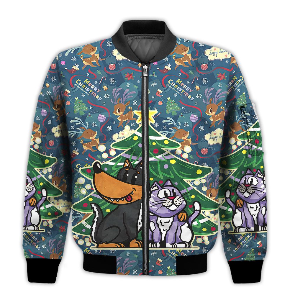 Merry-Christmas-Cat-And-Dog-Under-Christmas-Tree-Retro-Christmas-Holiday-Gifts-Unisex-3D-Bomber-Jacket-1