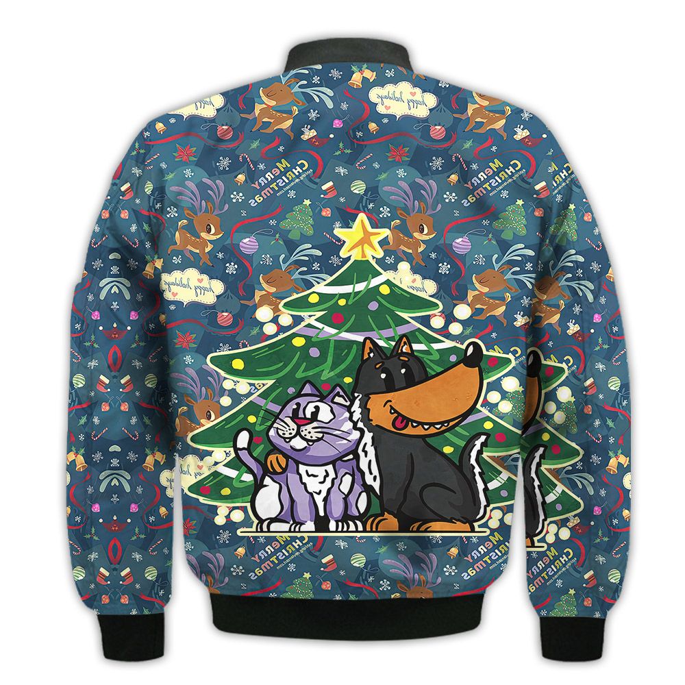 Merry-Christmas-Cat-And-Dog-Under-Christmas-Tree-Retro-Christmas-Holiday-Gifts-Unisex-3D-Bomber-Jacket-2