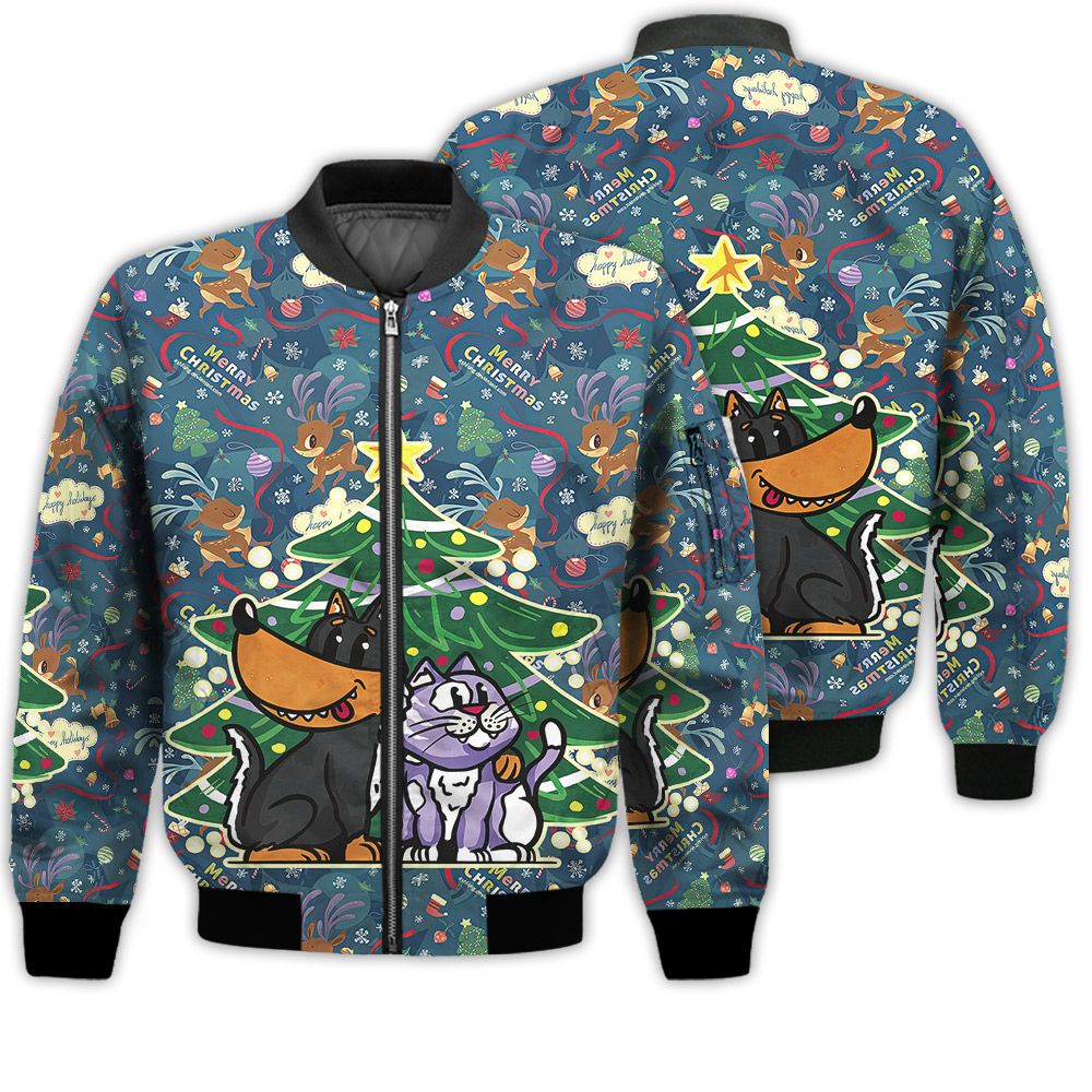 Merry Christmas Cat And Dog Under Christmas Tree Retro Christmas Holiday Gifts Unisex 3D Bomber Jacket Merry Christmas Cat And Dog Under Christmas Tree Retro Christmas Holiday Gifts Unisex 3D Bomber Jacket