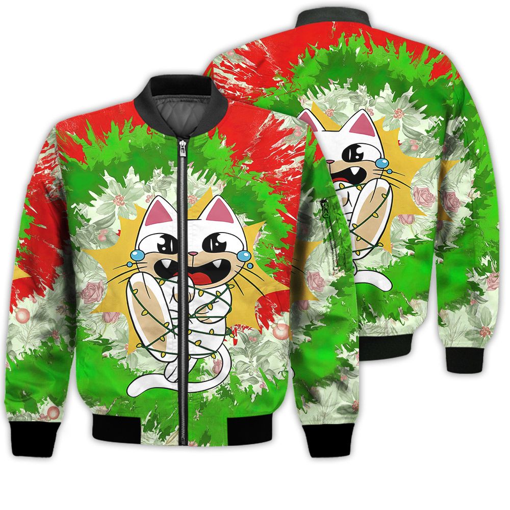 Merry Christmas Cat Tangled In Christmas Lights Retro Christmas Holiday Gifts Unisex 3D Bomber Jacket Merry Christmas Cat Tangled In Christmas Lights Retro Christmas Holiday Gifts Unisex 3D Bomber Jacket