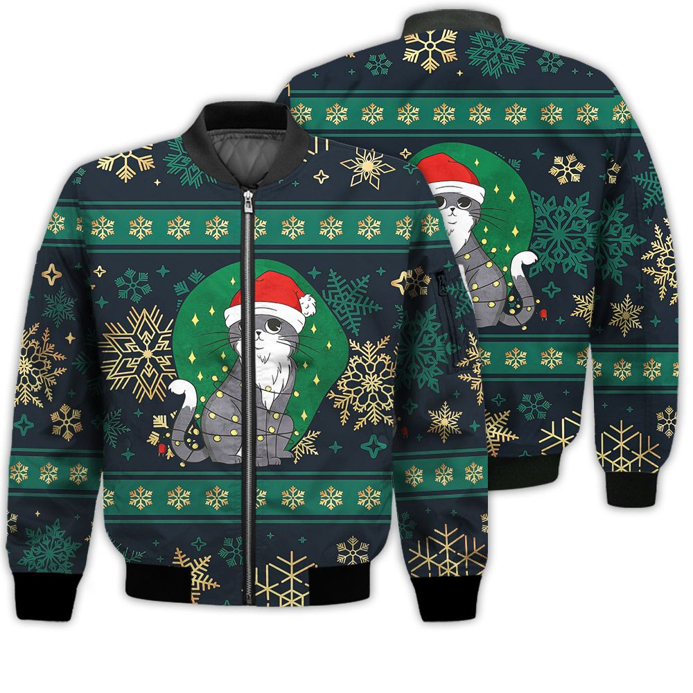 Merry Christmas Cat With Christmas Tree Retro Christmas Holiday Gifts Unisex 3D Bomber Jacket Merry Christmas Cat With Christmas Tree Retro Christmas Holiday Gifts Unisex 3D Bomber Jacket