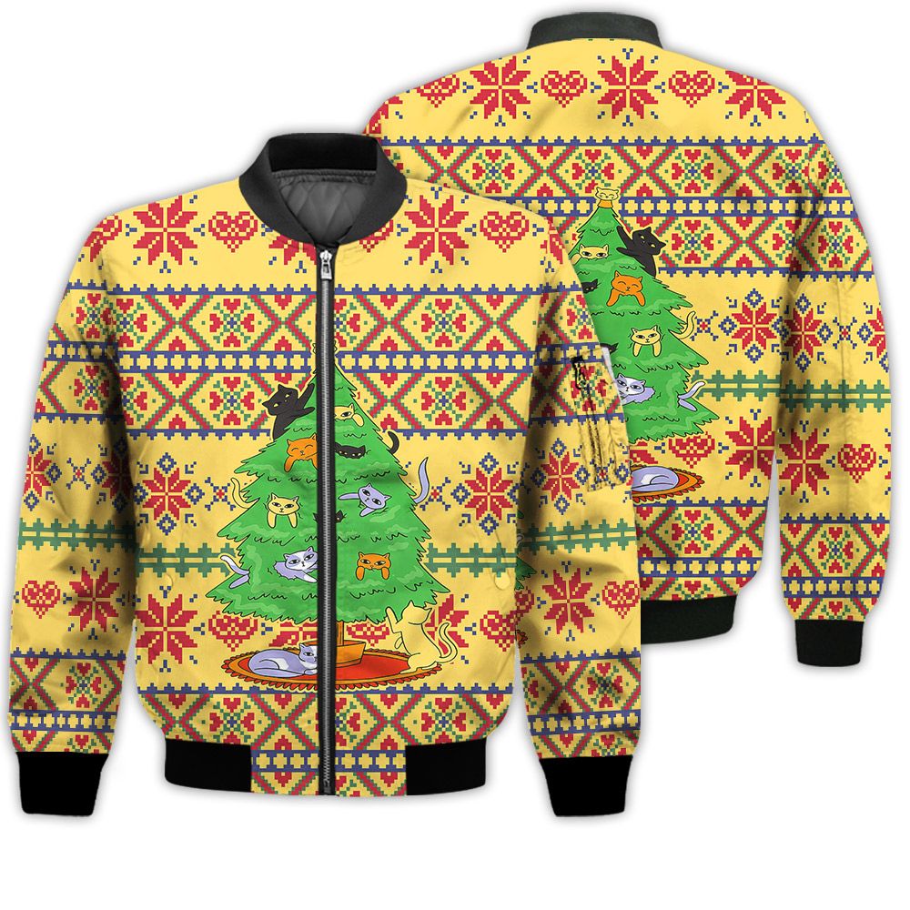 Merry Christmas Christmas Cat Tree Retro Christmas Holiday Gifts Unisex 3D Bomber Jacket Merry Christmas Christmas Cat Tree Retro Christmas Holiday Gifts Unisex 3D Bomber Jacket