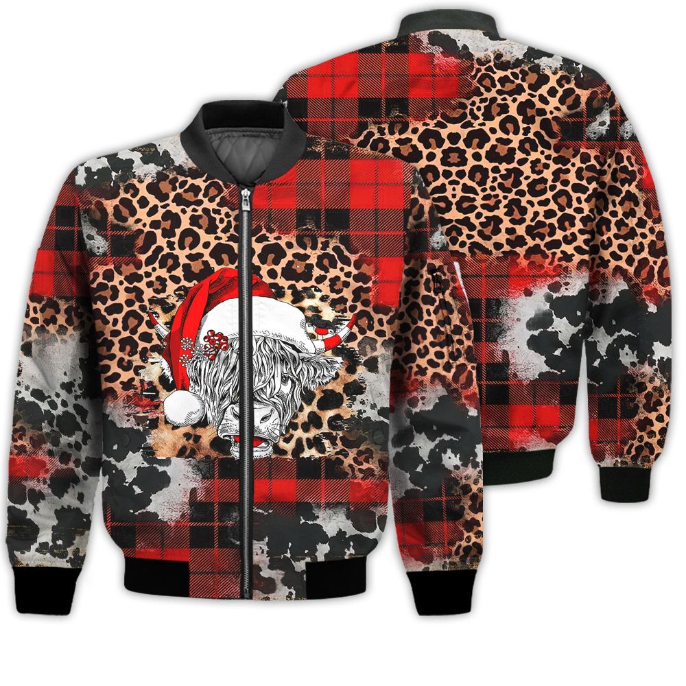 Merry Christmas Christmas Cow Leopard Retro Christmas Holiday Gifts Unisex 3D Bomber Jacket Merry Christmas Christmas Cow Leopard Retro Christmas Holiday Gifts Unisex 3D Bomber Jacket