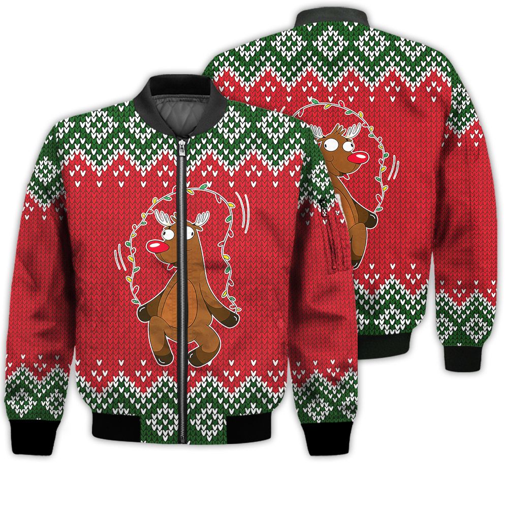 Merry Christmas Christmas Reindeer Jumping Rope Retro Christmas Holiday Gifts Unisex 3D Bomber Jacket Merry Christmas Christmas Reindeer Jumping Rope Retro Christmas Holiday Gifts Unisex 3D Bomber Jacket
