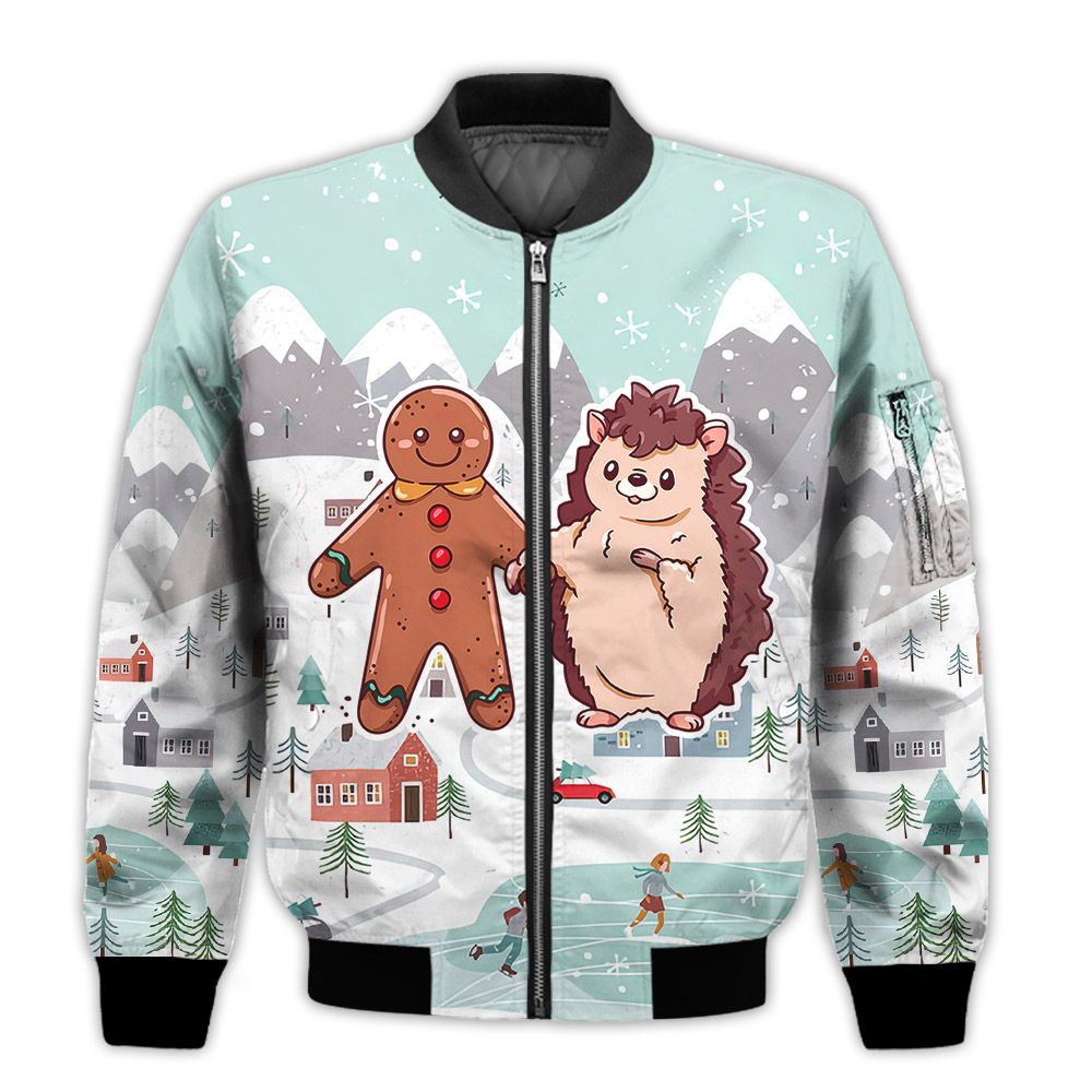 Merry-Christmas-Cute-Christmas-Hedgehog-And-Cookie-Retro-Christmas-Holiday-Gifts-Unisex-3D-Bomber-Bomber-Jacket-1