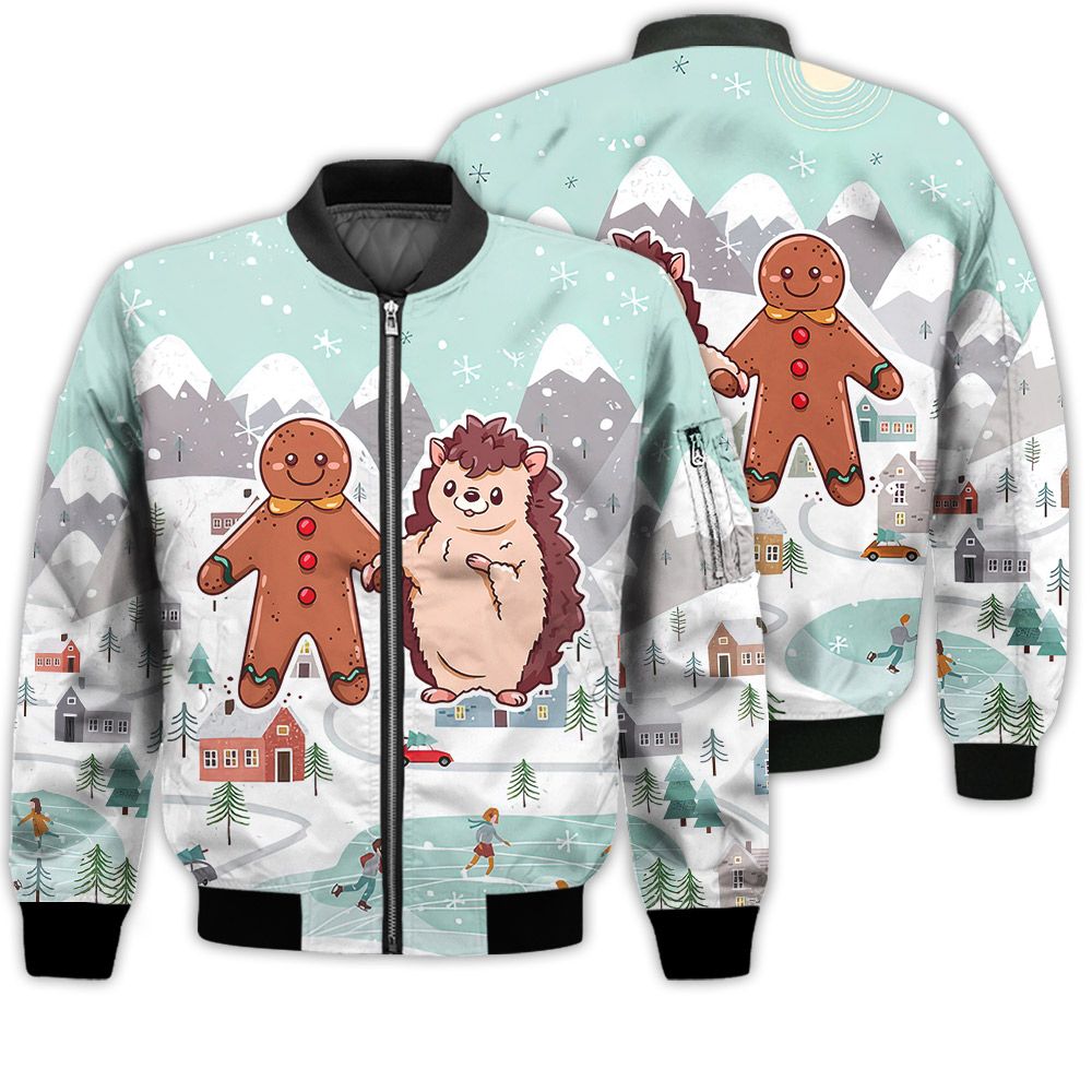Merry Christmas Cute Christmas Hedgehog And Cookie Retro Christmas Holiday Gifts Unisex 3D Bomber Bomber Jacket Merry Christmas Cute Christmas Hedgehog And Cookie Retro Christmas Holiday Gifts Unisex 3D Bomber Bomber Jacket
