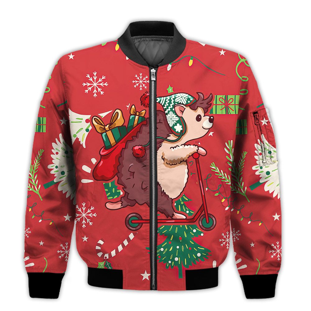 Merry-Christmas-Cute-Hedgehog-On-A-Scooter-Retro-Christmas-Holiday-Gifts-Unisex-3D-Bomber-Jacket-1