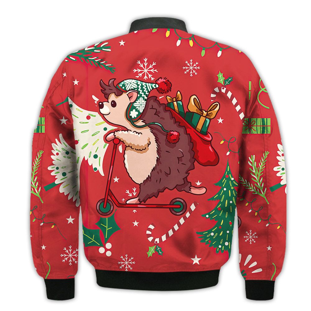 Merry-Christmas-Cute-Hedgehog-On-A-Scooter-Retro-Christmas-Holiday-Gifts-Unisex-3D-Bomber-Jacket-2