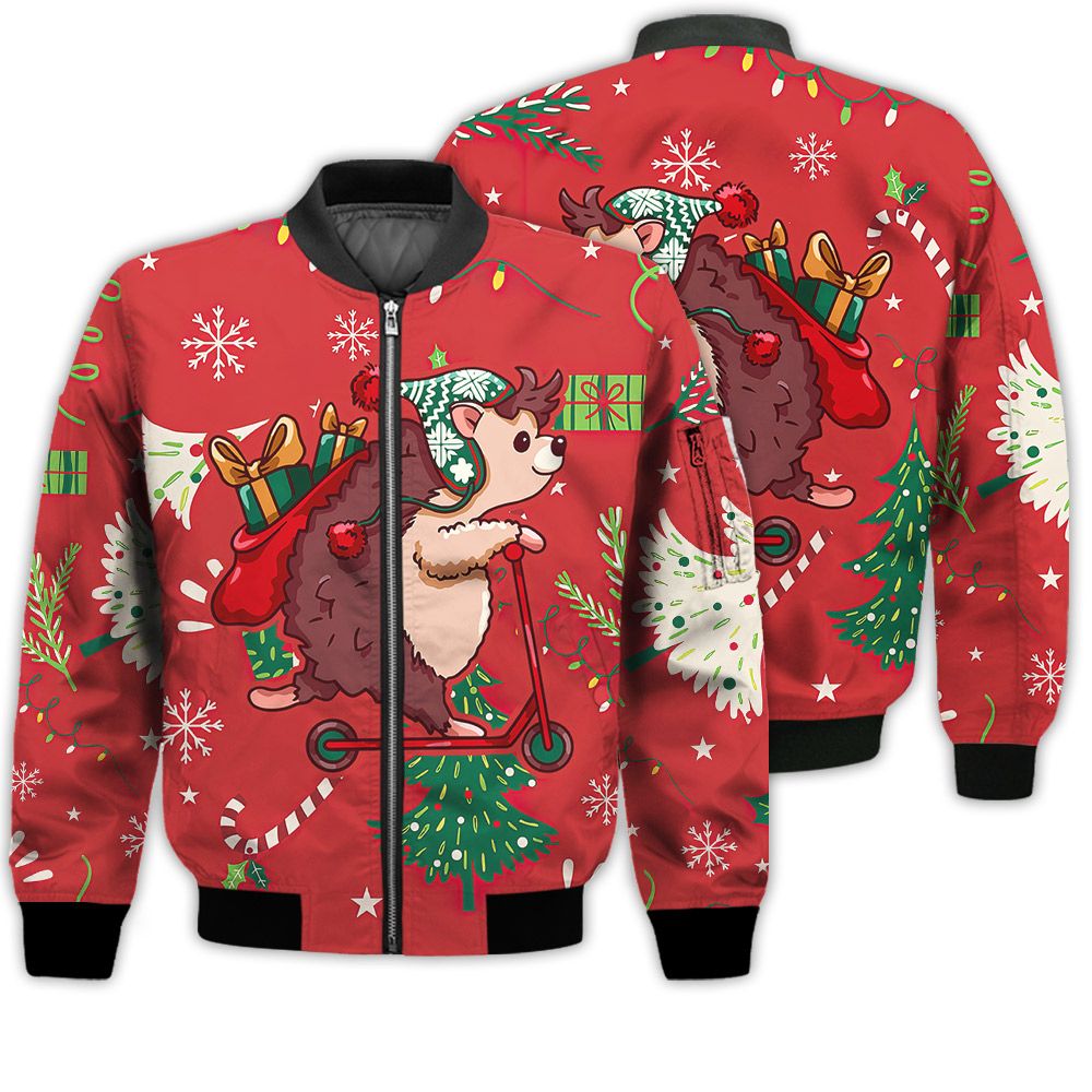 Merry Christmas Cute Hedgehog On A Scooter Retro Christmas Holiday Gifts Unisex 3D Bomber Jacket Merry Christmas Cute Hedgehog On A Scooter Retro Christmas Holiday Gifts Unisex 3D Bomber Jacket