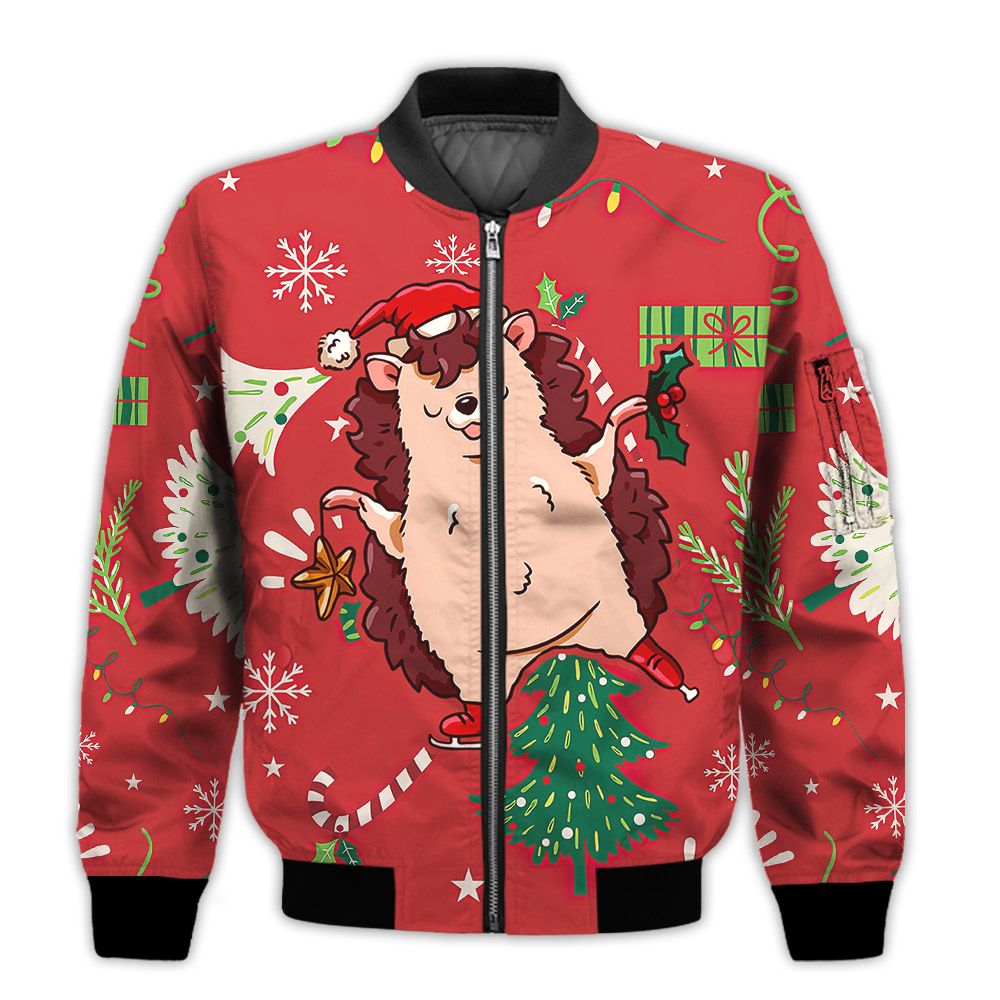 Merry-Christmas-Cute-Hedgehog-With-Christmas-Retro-Christmas-Holiday-Gifts-Unisex-3D-Bomber-Jacket-1