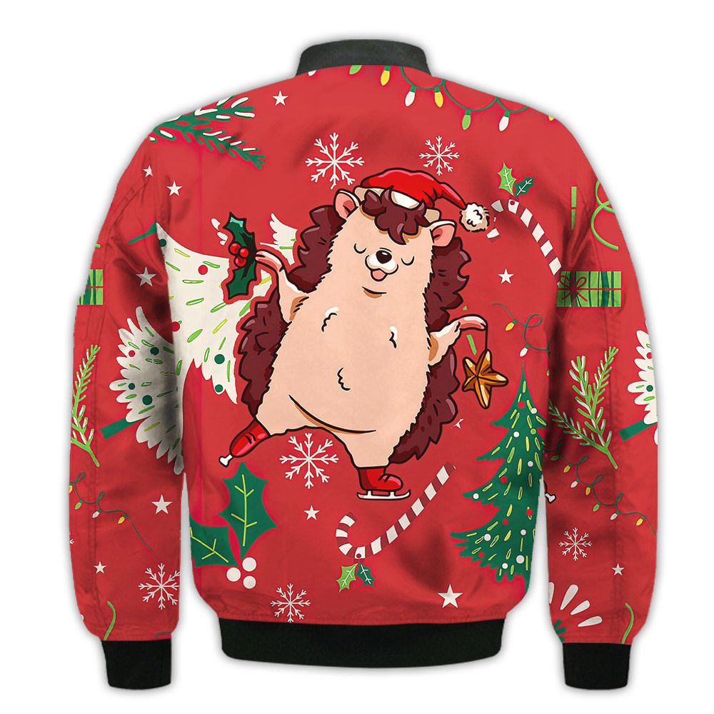 Merry-Christmas-Cute-Hedgehog-With-Christmas-Retro-Christmas-Holiday-Gifts-Unisex-3D-Bomber-Jacket-2