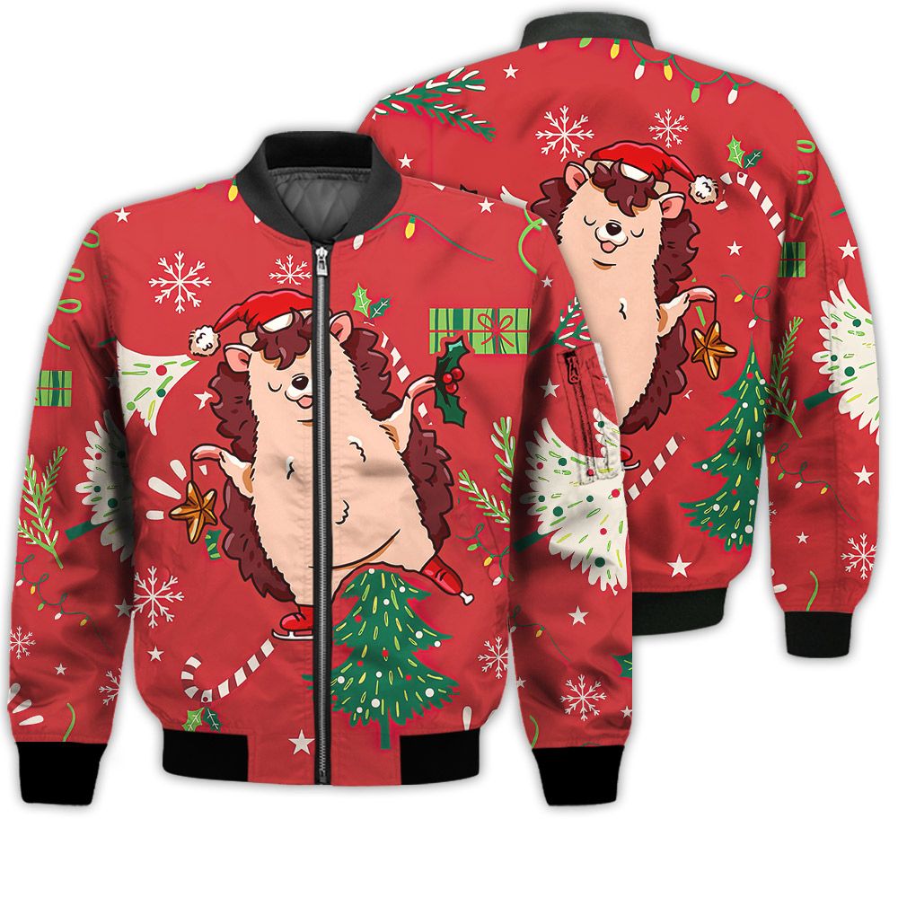 Merry Christmas Cute Hedgehog With Christmas Retro Christmas Holiday Gifts Unisex 3D Bomber Jacket Merry Christmas Cute Hedgehog With Christmas Retro Christmas Holiday Gifts Unisex 3D Bomber Jacket